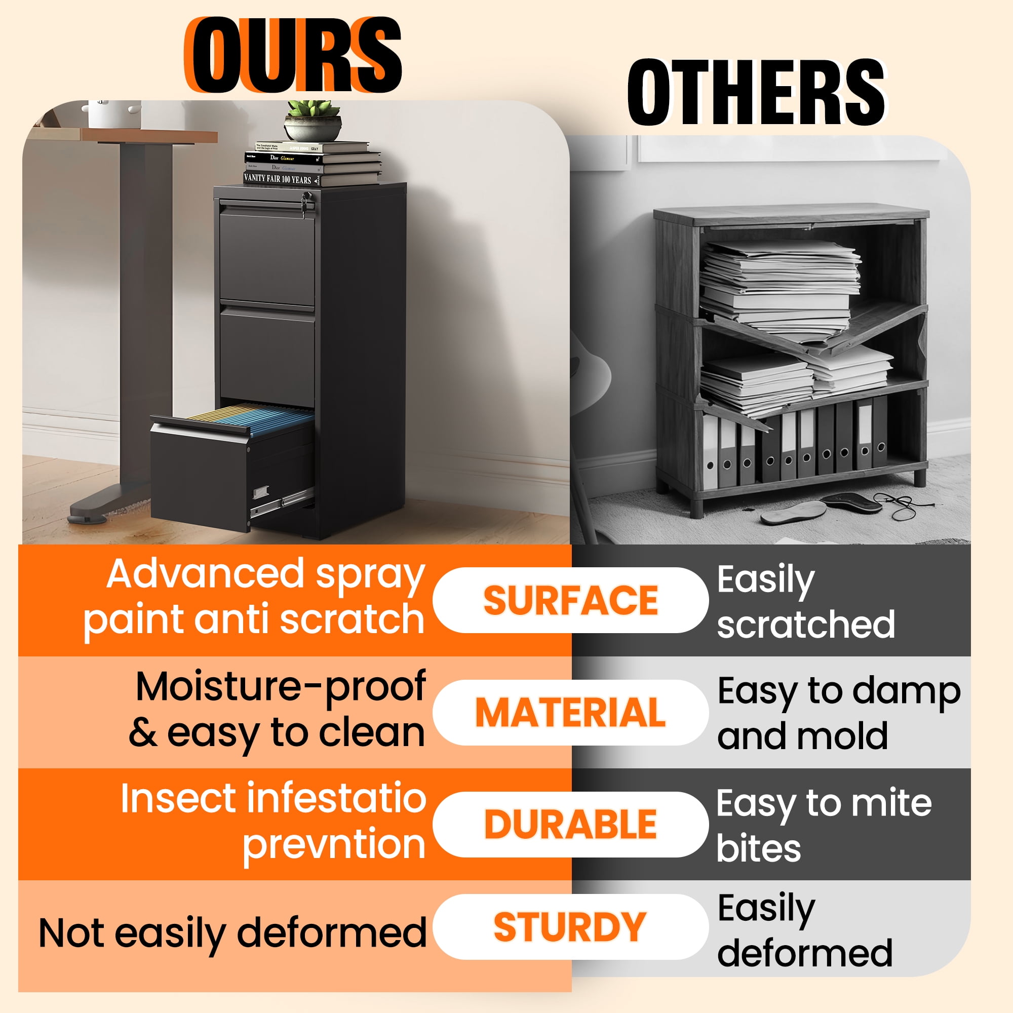 BIZOEIRON 3-Drawer Vertical Filing Cabinet with Lock, Heavy-Duty Steel Office Storage for Legal and Letter Files (Black) r9qb8