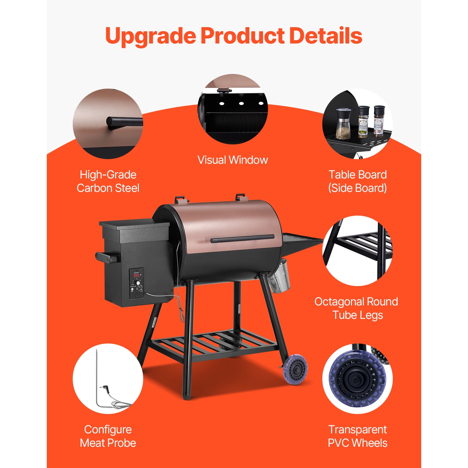 KFFKFF Wood Fired Pellet Grill and Smoker with Digital Regulator and Meat Thermometer (Black, 456 sq in) 0s8fz