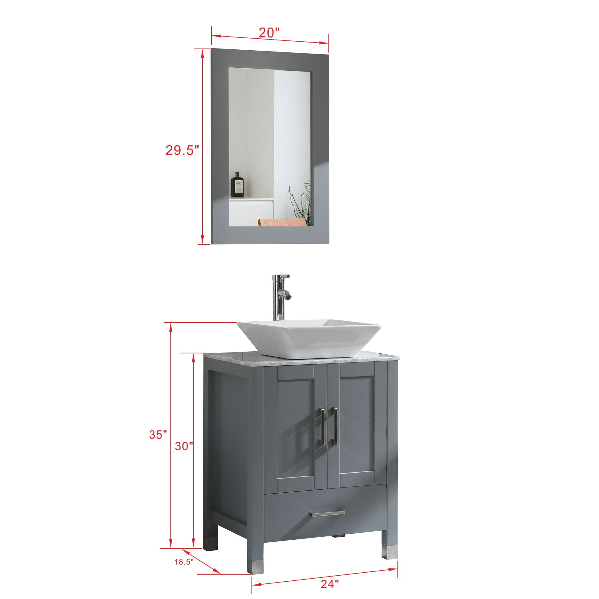 Goodyo 24 in Bathroom Vanity and Sink Combo with Marble Pattern Top, Mirror, and Faucet (Gray, 24 in) a4idm