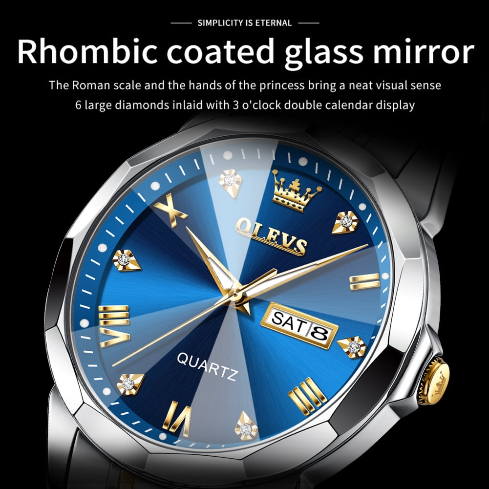 OLEVS Men's Diamond Analog Quartz Dress Watch Stainless Steel Waterproof Business Wristwatch (Blue, 1.6 in) fduvn