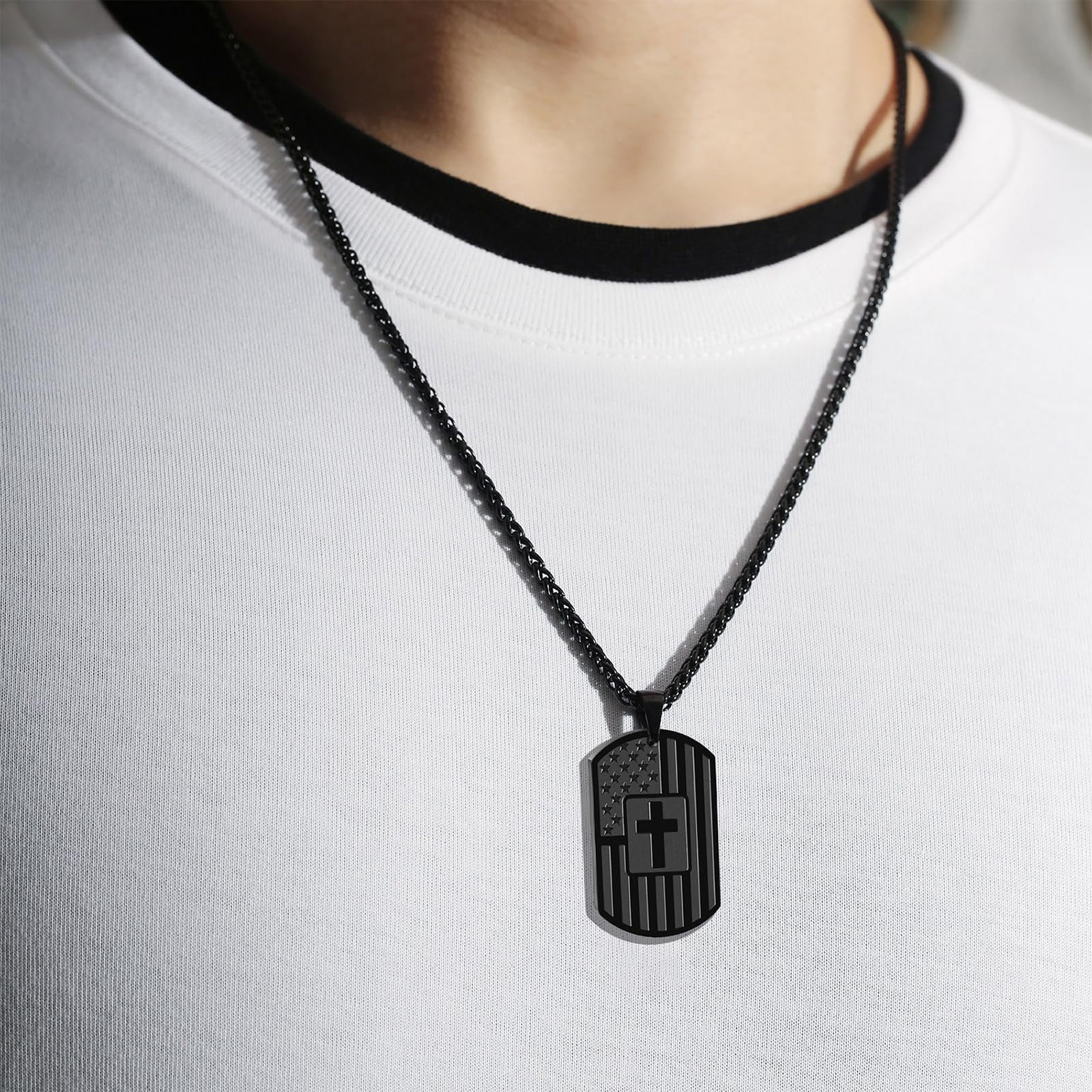 APSVO American Flag Dog Tag Cross Necklace for Men (Black, 24 in) zzlma