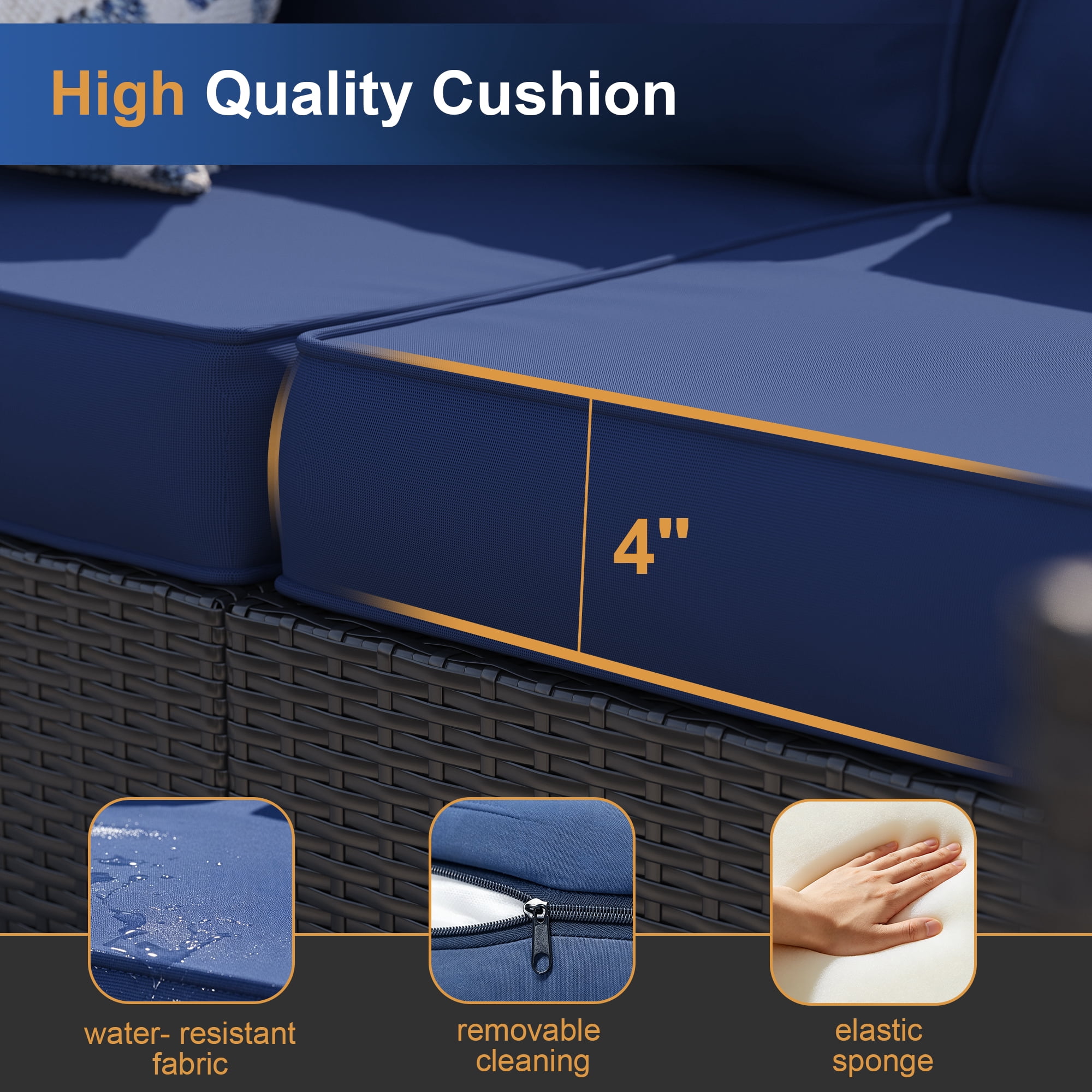 Gasee 7-Piece Outdoor Patio Furniture Set, Rattan Sectional Sofa with Coffee Table (Navy Blue, 7 Pieces) kw1mu