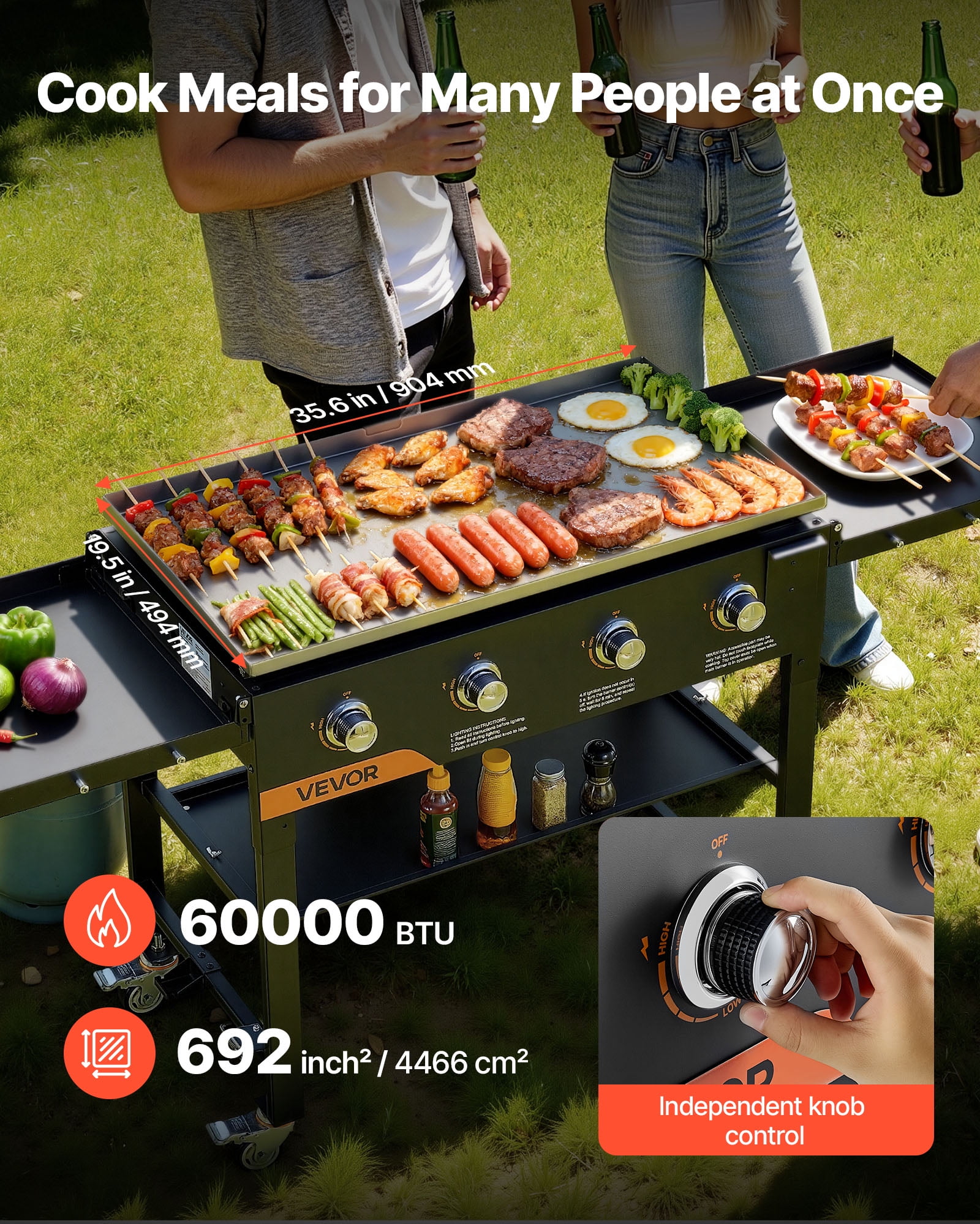 VEVOR 4-Burner Propane Gas Griddle, Outdoor Flat Top Grill with Foldable Cart and Wheels (36 in) cjy7q