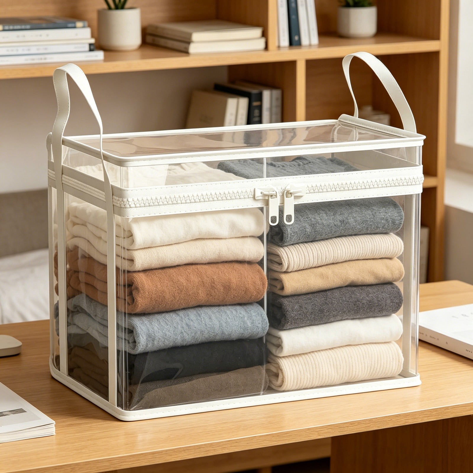 BIWEUTYDYS Heavy Duty Clear PVC Storage Box with Lid, Collapsible Book and Clothing Organizer (Clear, Medium) n14ck