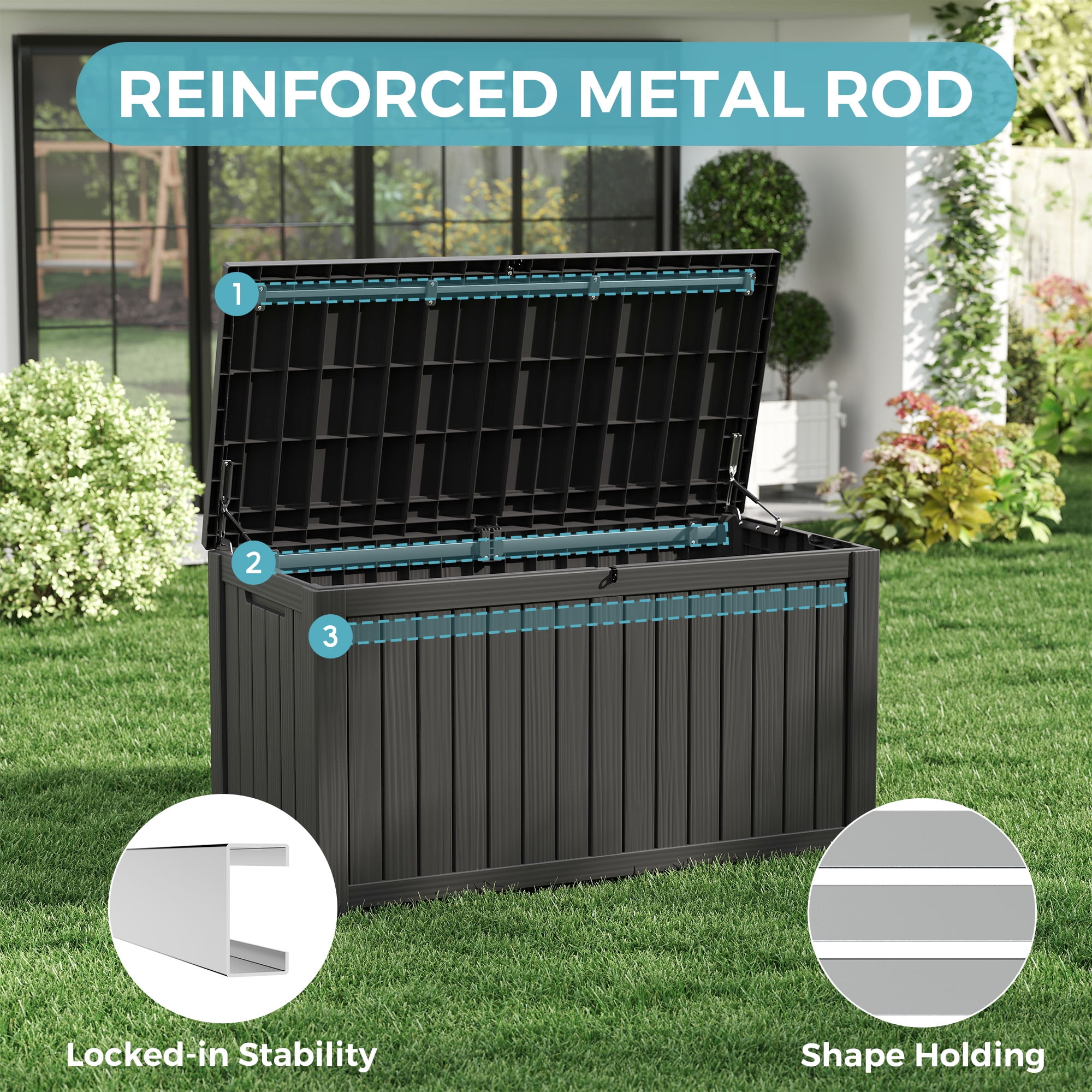 Bifanuo 150 Gallon Outdoor Storage Deck Box, Waterproof Resin Patio Organizer with Steel Beams (Black, 54.3 in x 26.5 in x 28.7 in) yh5gu