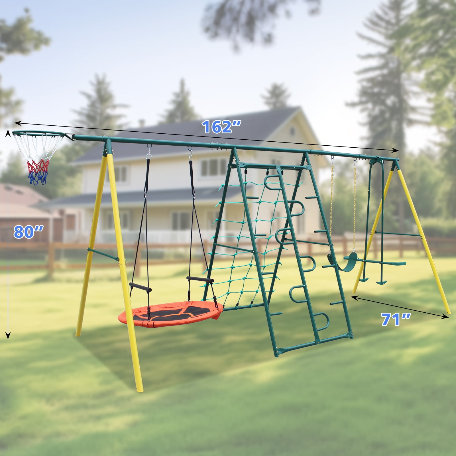 Segmart 6-in-1 Backyard Swing Set with Climbing Ladder, Saucer Swing, and Basketball Hoop (Yellow) qm1zf