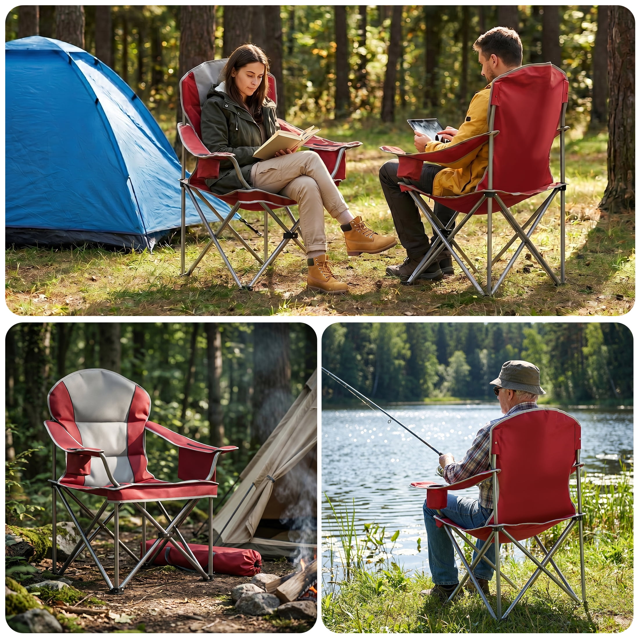 EDX Heavy Duty Camping Chair, Oversized Folding Lawn Chair with Padded High Back and Cup Holder (Red, 500 lb Capacity) rqhyo