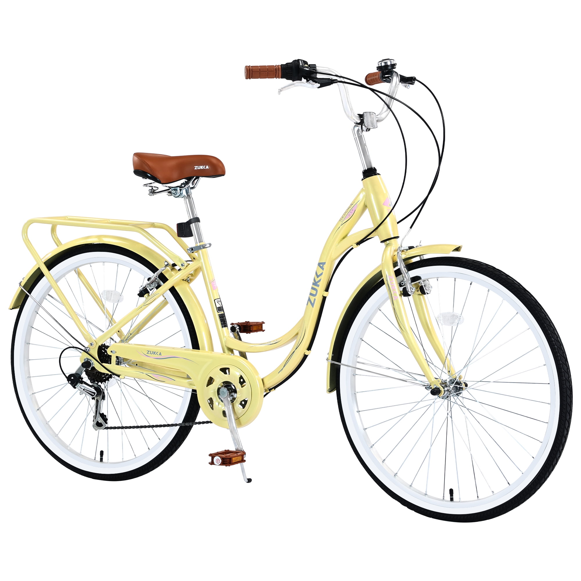 Zukka 7-Speed Cruiser Bicycle, High-Carbon Steel Frame City Commuter Bike for Women (Yellow, 24 in) g59mv