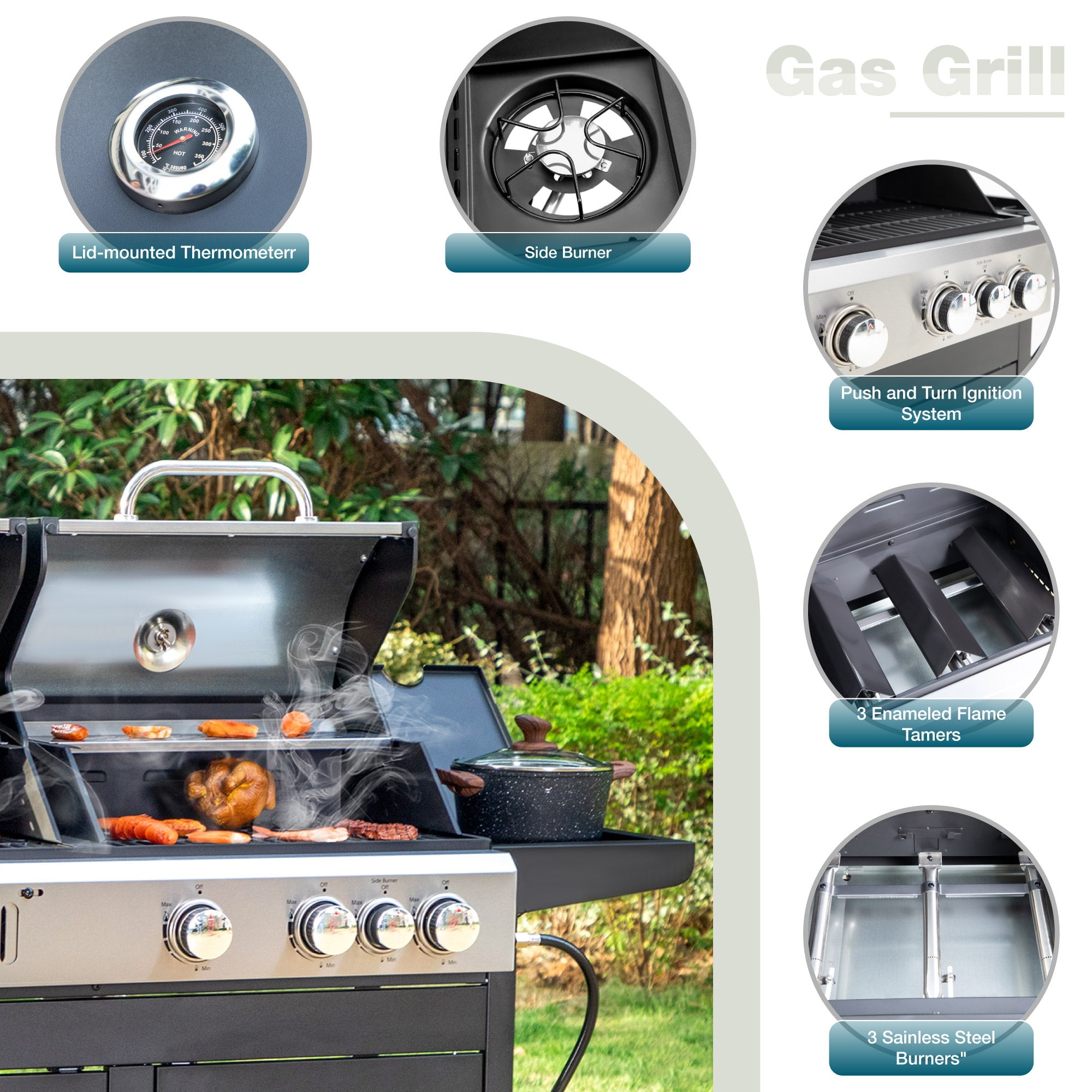 Alpha Joy Dual Fuel Gas and Charcoal Grill Combo with 3 Burners and Side Burner (Black, 685 sq in) 0fuzt