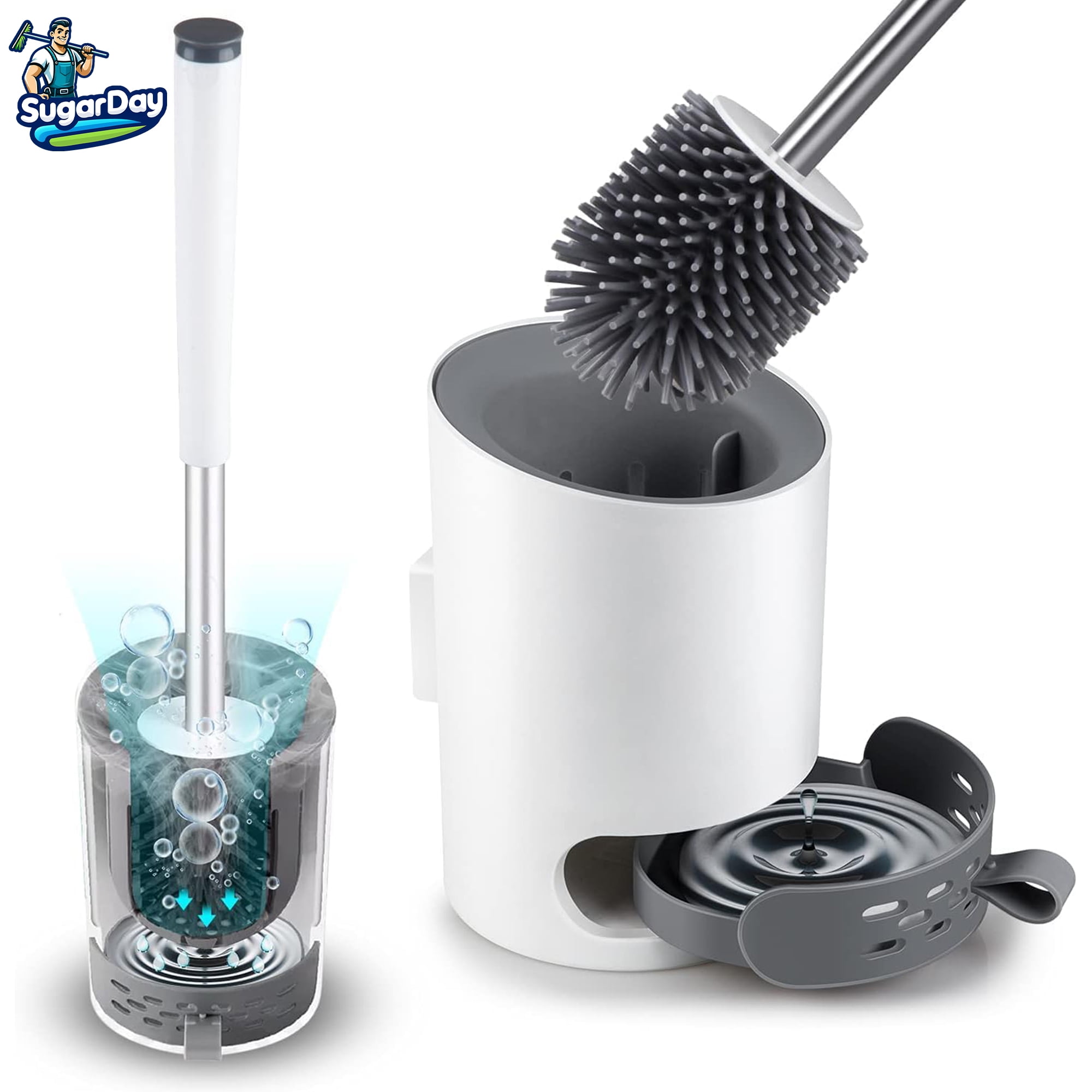 Sugarday Toilet Bowl Brush and Caddy Holder Set with Tweezers (White) cgnqk