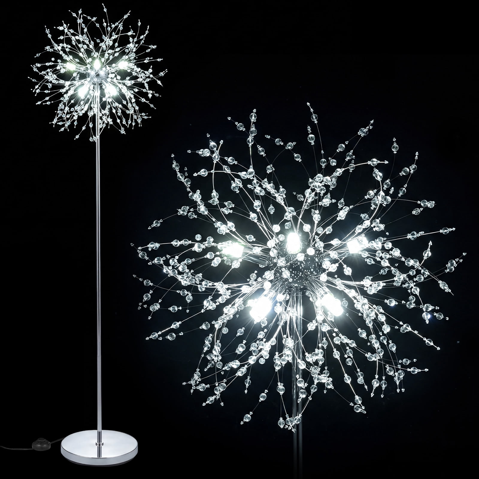 Gymax Crystal Floor Lamp Dandelion Style Standing Light with Foot Switch (Silver, 63 in) 9vs9v
