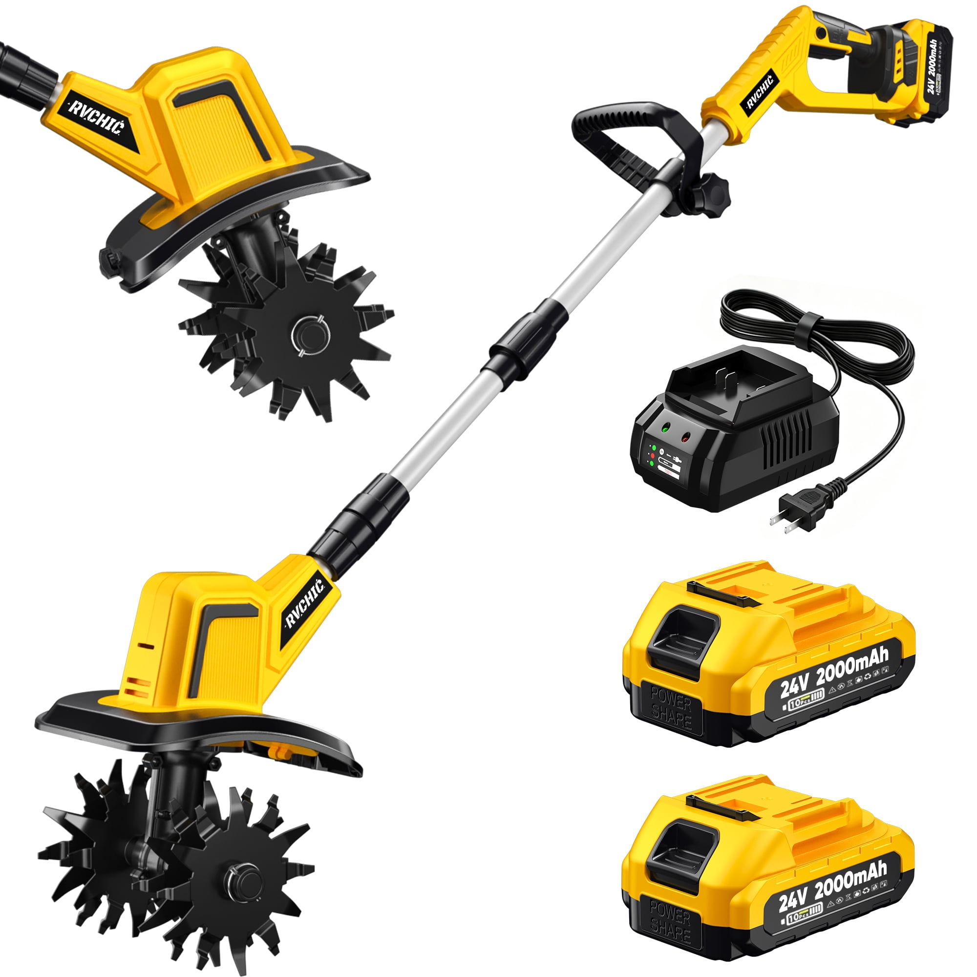 Rvchic 24V Cordless Tiller Cultivator, High-Speed Electric Garden Soil Aerator with 4 Steel Blades (Yellow, 4 in Width x 6 in Depth) 29fpt