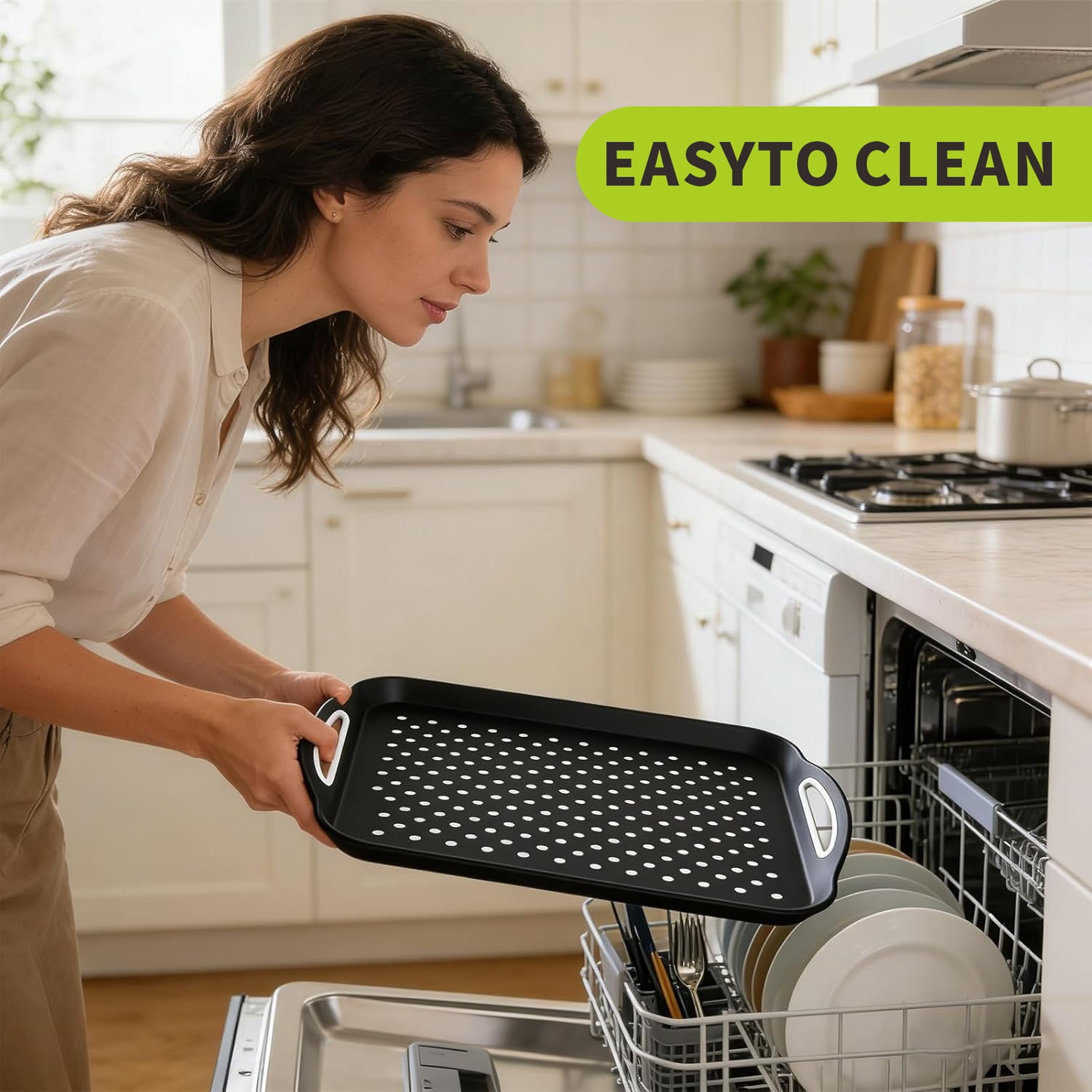 LYLHZRMDGC Non-Slip Serving Tray with Handles, Rubber Gripped Lap Food Tray for Eating, Dishwasher Safe (Black, 15.7 in x 11.2 in x 2 in) c9xwc