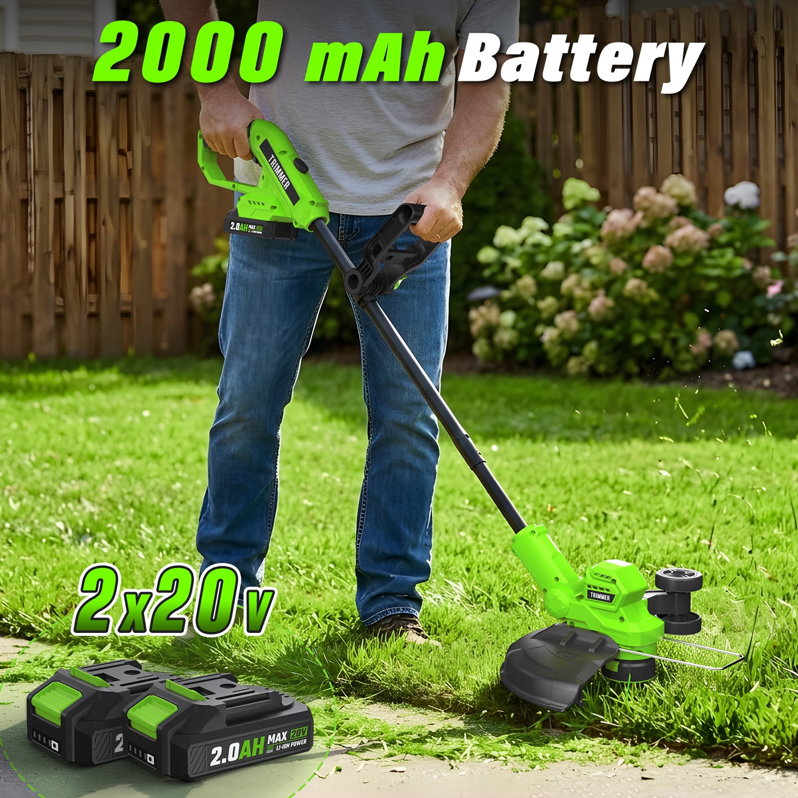 Generic 20V Cordless String Trimmer and Lawn Edger, Brushless Motor, 2x2.0Ah Batteries, 12 in Cutting Path (Black/Green, 12 in) fvha6