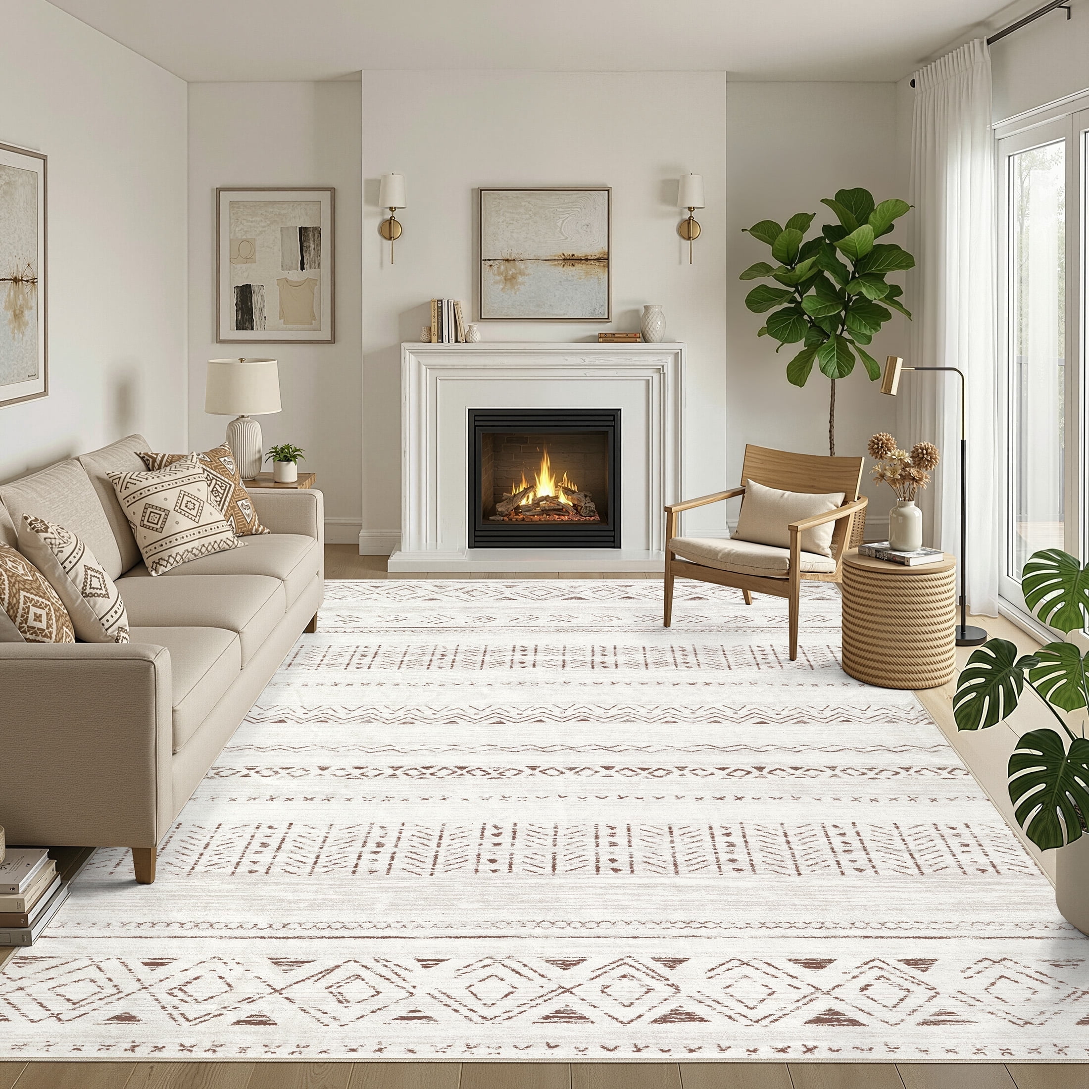 UERMEI Boho Moroccan Area Rug, Washable Geometric Distressed Indoor Carpet for Living Room and Bedroom (Brown, 5 ft x 7 ft) saexo