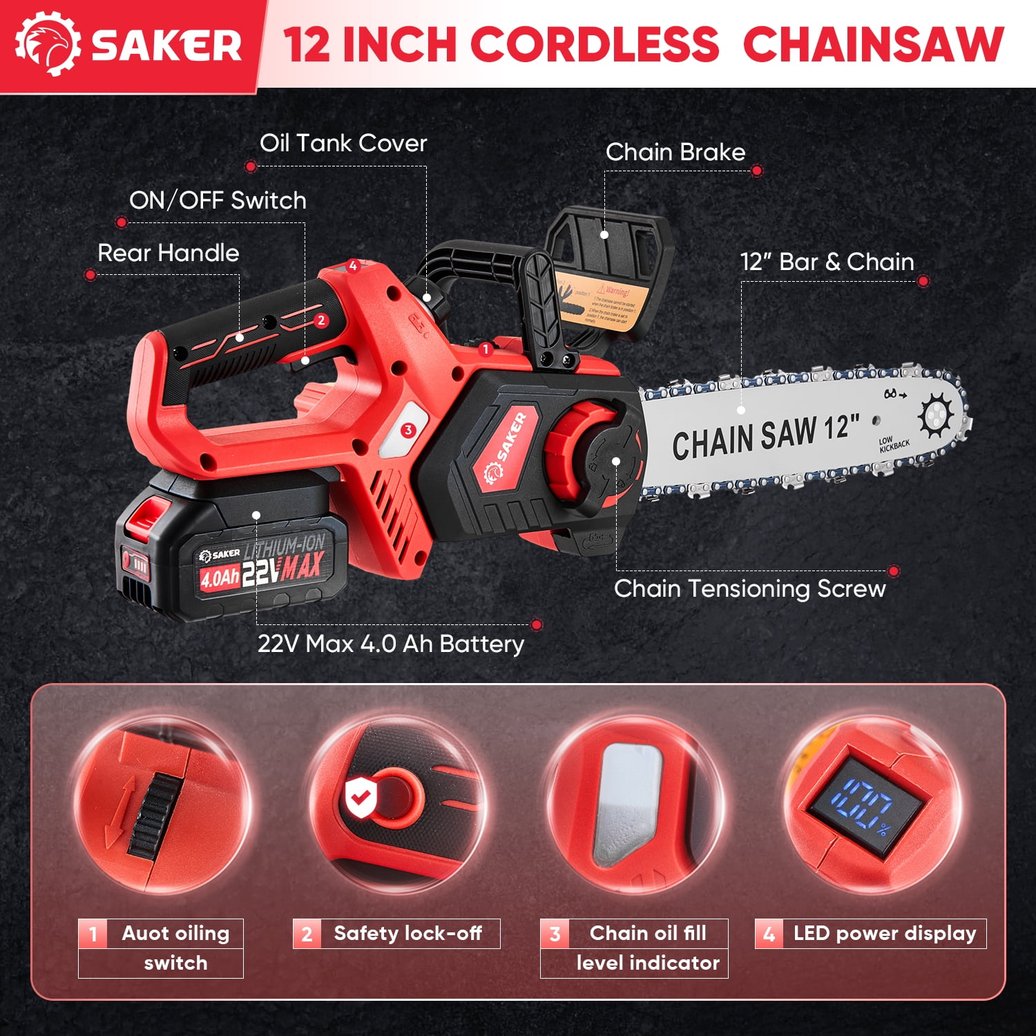 Saker 12 in 22V 4.0Ah Cordless Electric Chainsaw, Auto-Tension, LED Power Display (12 in) zxyz3