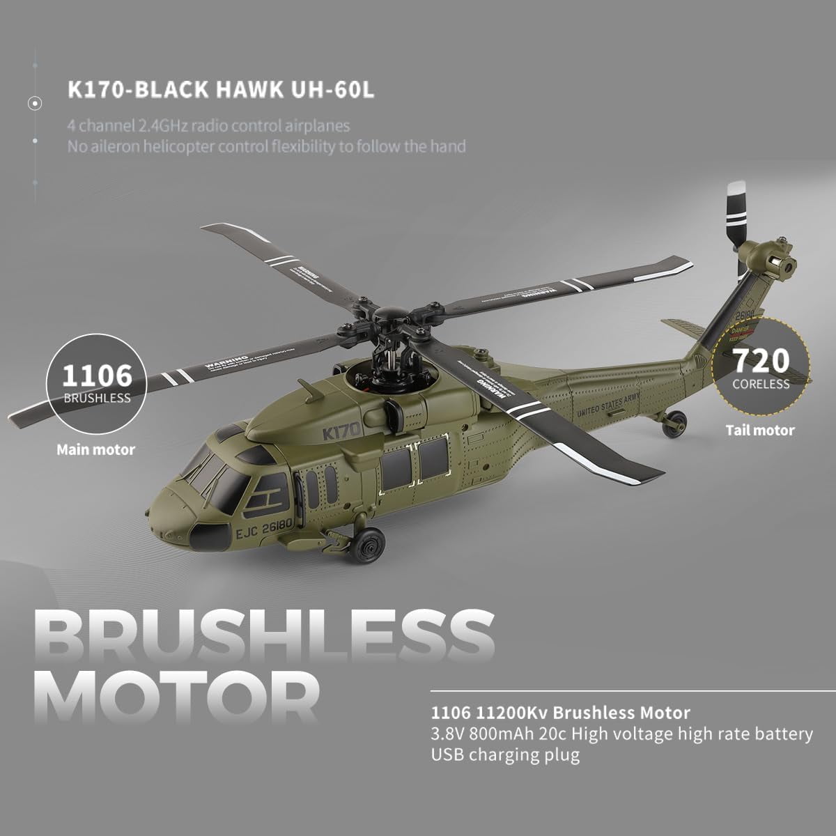 Bruce & Shark RC Helicopter K170 Black Hawk UH-60L 4CH Flybarless Remote Control Aircraft (Black, 10.2 in Rotor) mewcm