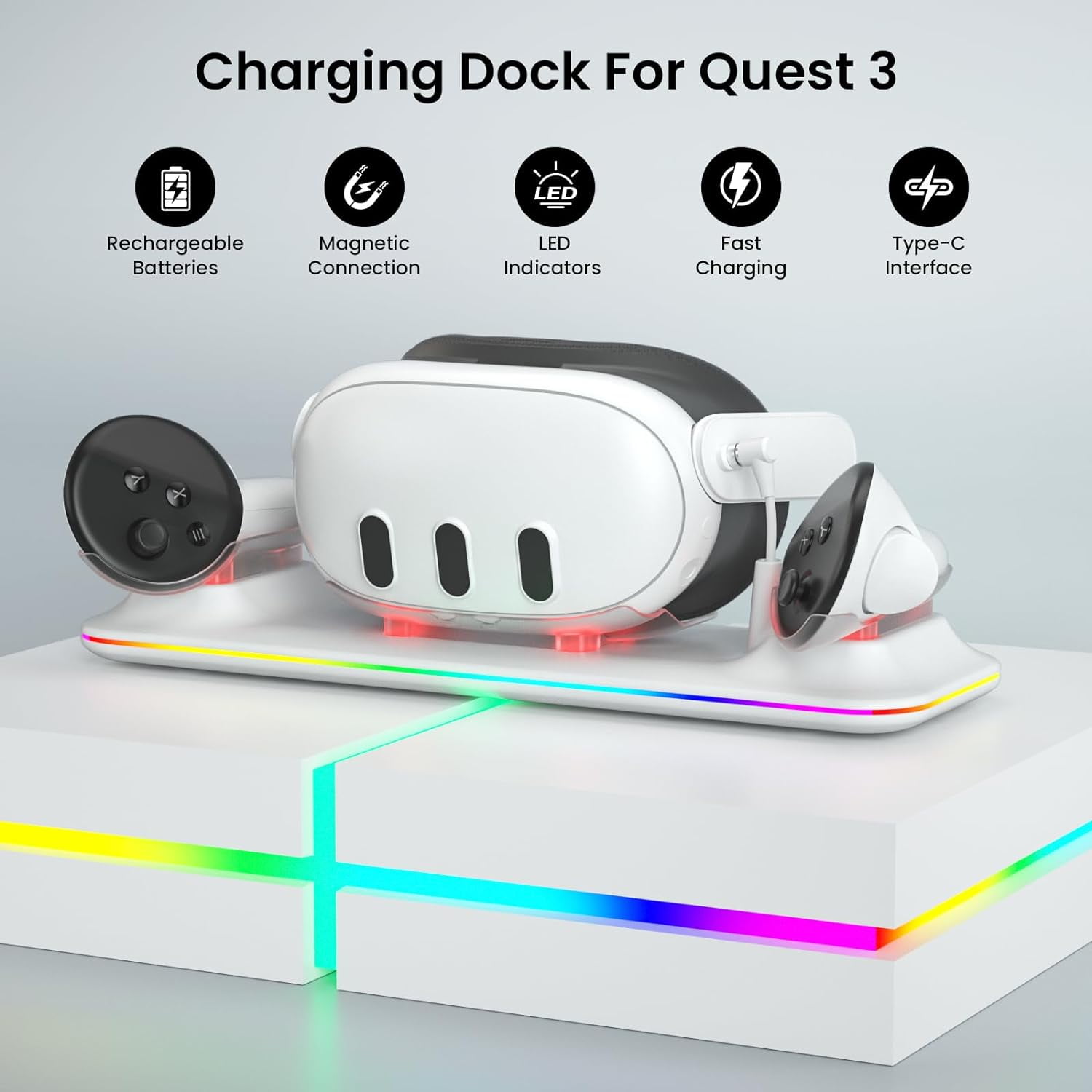 Prociv VR Charging Dock for Meta Quest 3, Magnetic Charging Station with RGB Light and Rechargeable Batteries (White, 1 Pack) iq375