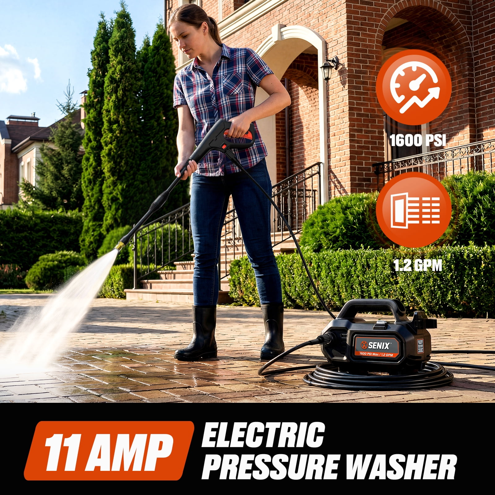 Senix 1600 PSI Electric Pressure Washer with 1.2 GPM Flow Rate and 20 ft Hose (11 Amp Motor) pzh1r
