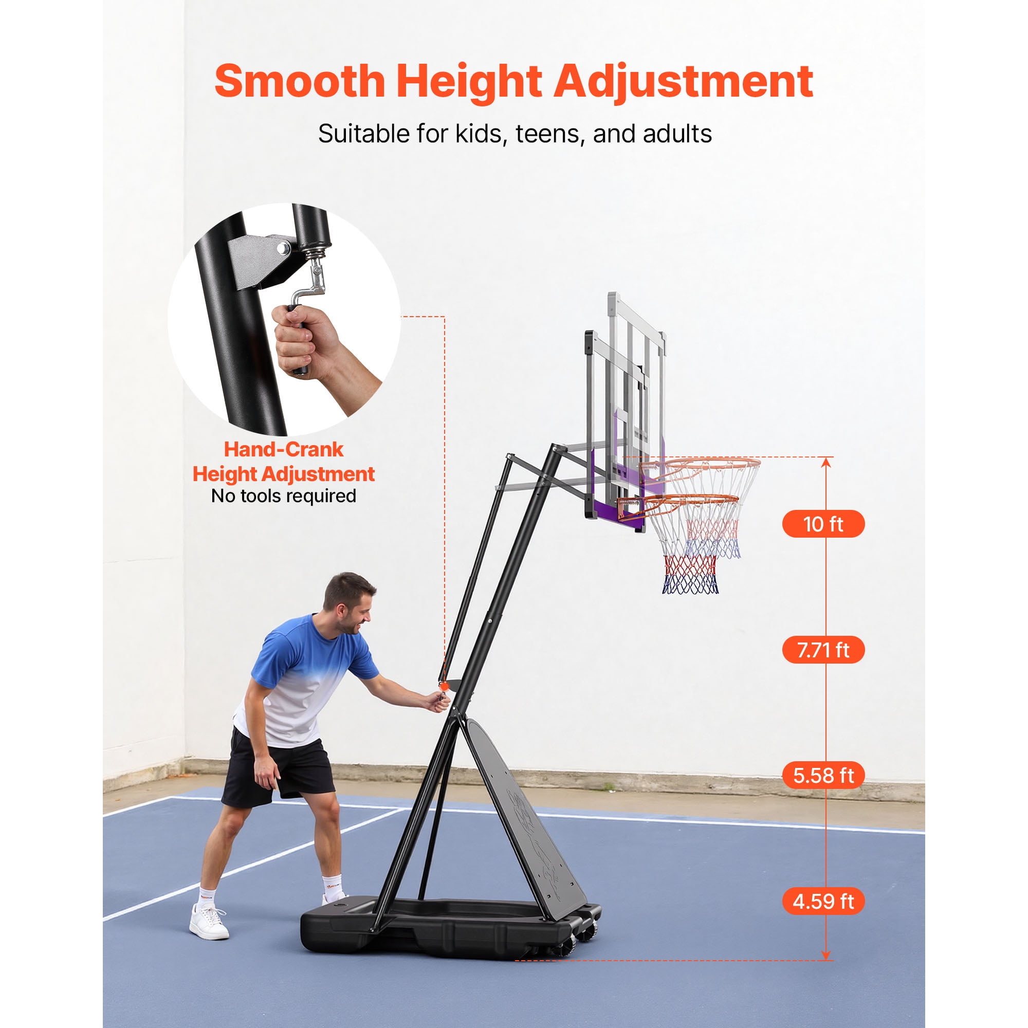 KFFKFF Portable Basketball Hoop System with Adjustable Height (10 ft, 48-inch Backboard, Black) 0vue8