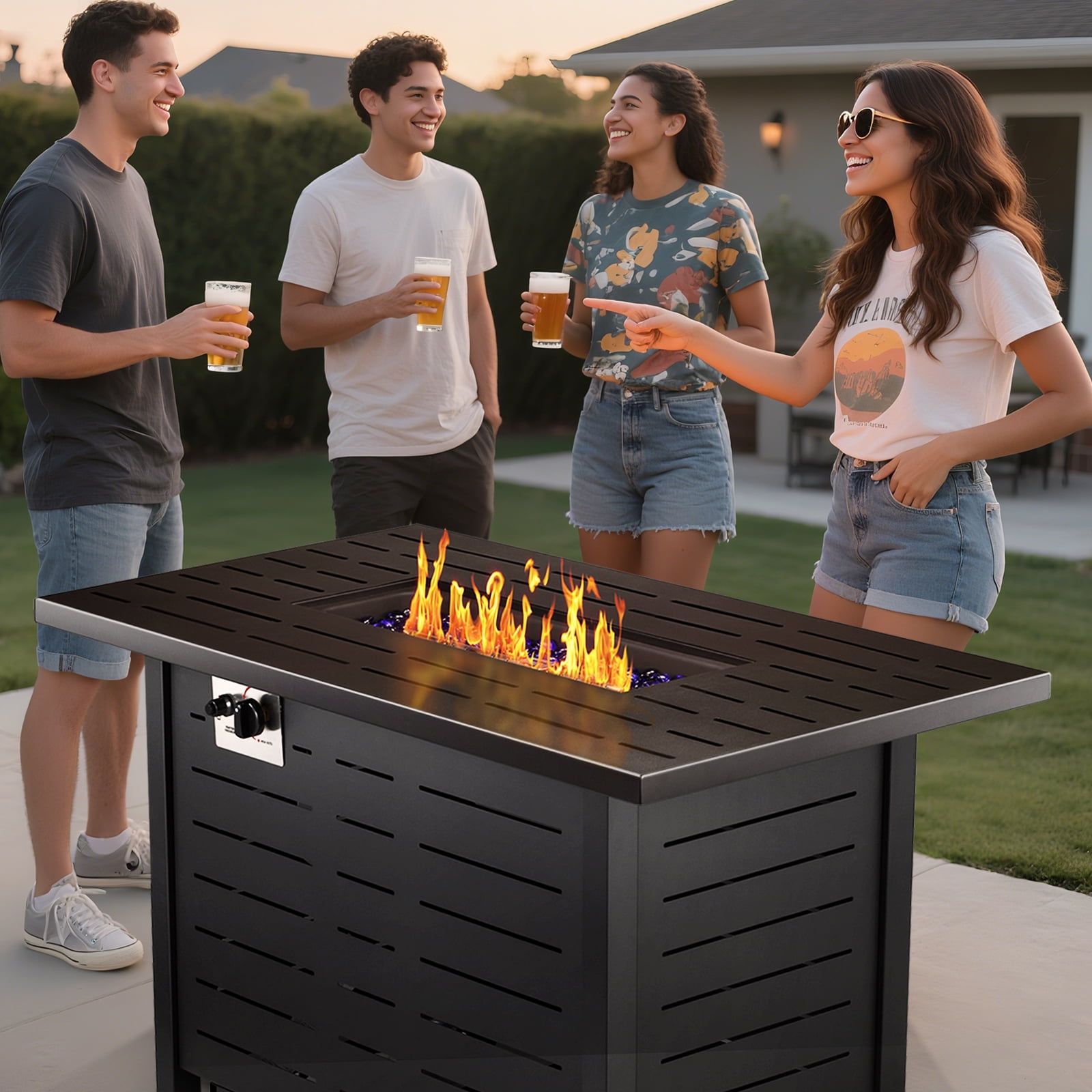 WAA 43 Inch Propane Fire Pit Table, 50,000 BTU Outdoor Gas Fireplace with Lid and Lava Rocks (Black, 43 in) 3pi61