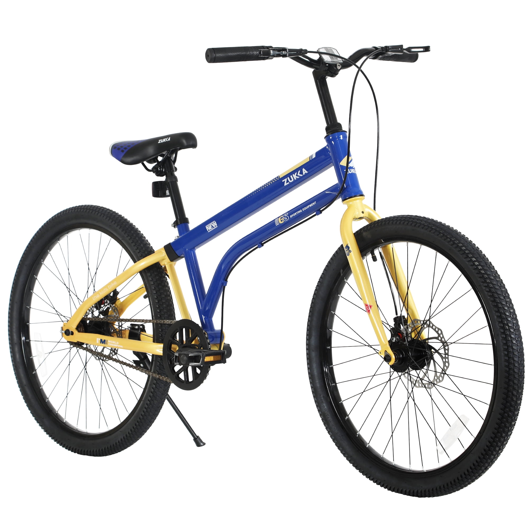 Ambifirner 24-Inch Kids Mountain Bike, Durable Steel Frame with Dual Disc Brakes (Blue/Yellow, 220 lb Capacity) hdmq7