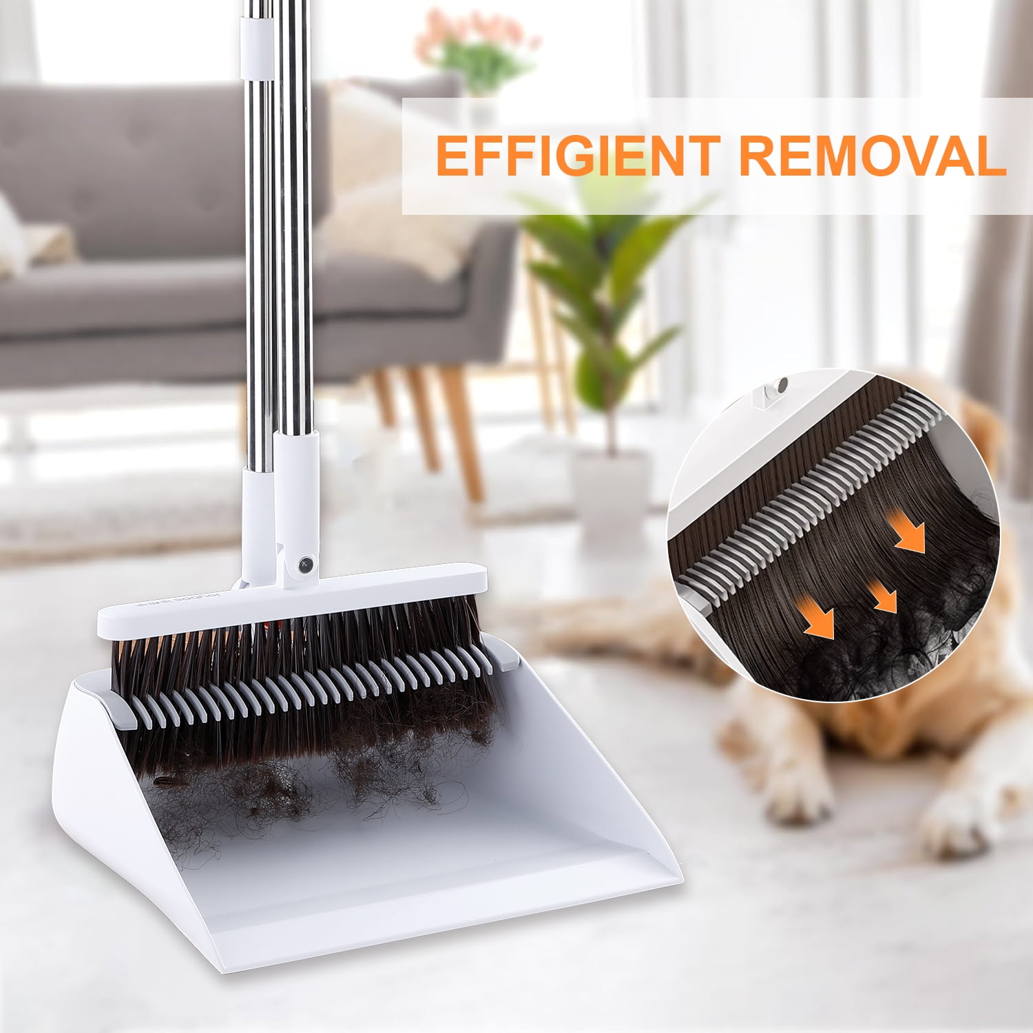 MAOFACE Broom and Dustpan Set for Home, Upright Cleaning Combo with Integrated Comb Teeth (White, 39 in) 76ckv