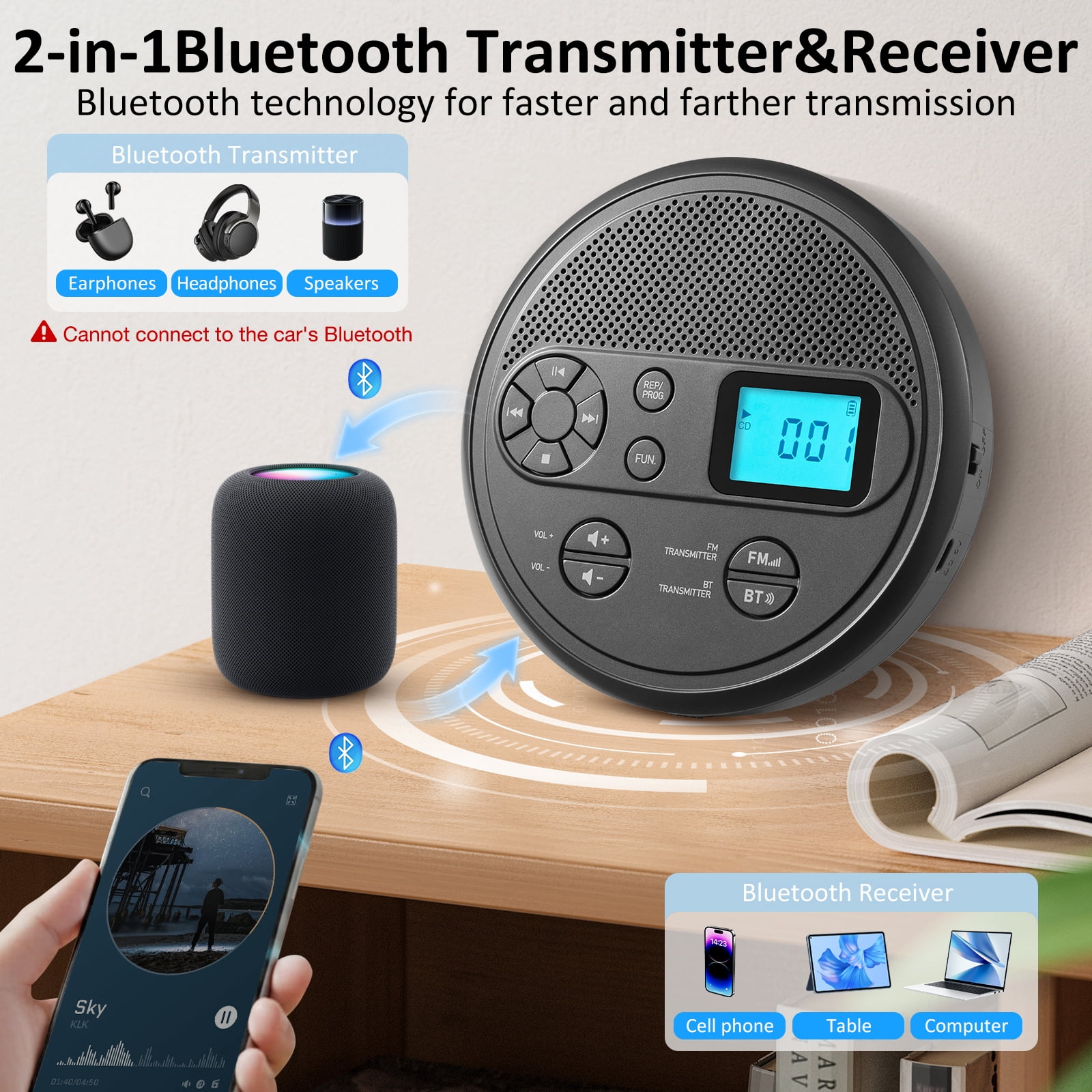 Generic Portable CD Player with Bluetooth and FM Transmitter (Grey, 1 Unit) z11xh