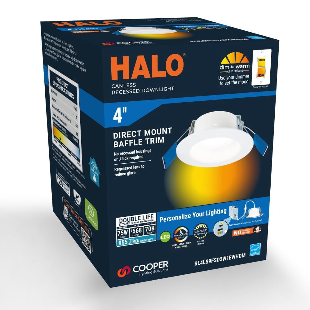 HALO RL4 Series LED Recessed Downlight, Adjustable Color Temperature, Energy Efficient (Matte White, 4 in.) 9vm8k