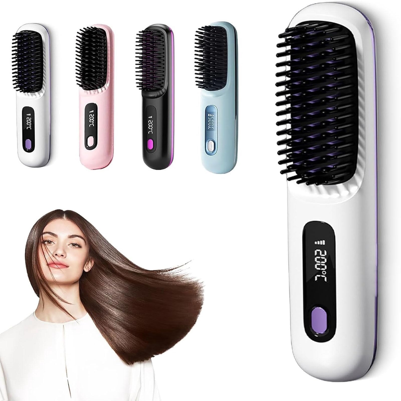 Generic Cordless Hair Straightener Brush, Portable Ceramic Hot Comb with LCD Display (Black, 1 Count) u3yae