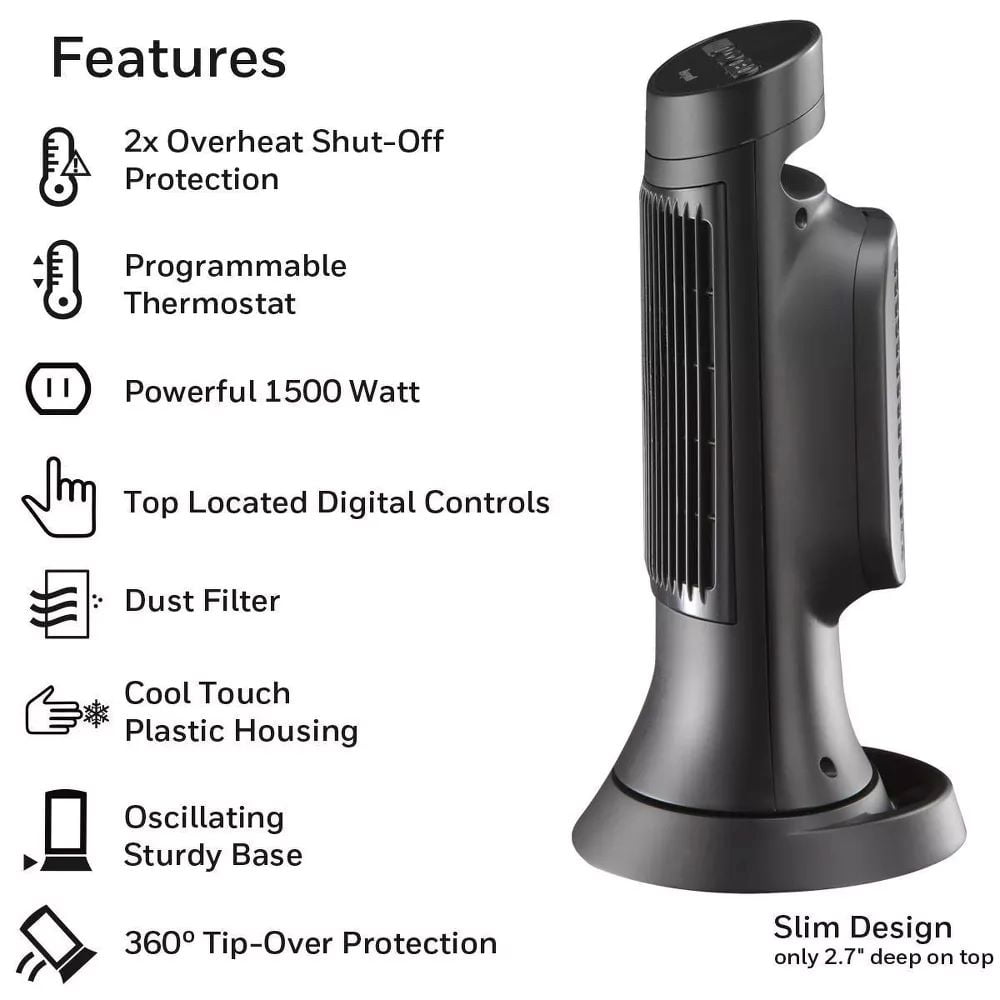Honeywell Compact Digital Ceramic Tower Heater with Programmable Thermostat (Black, 12.75 in) 49lrk