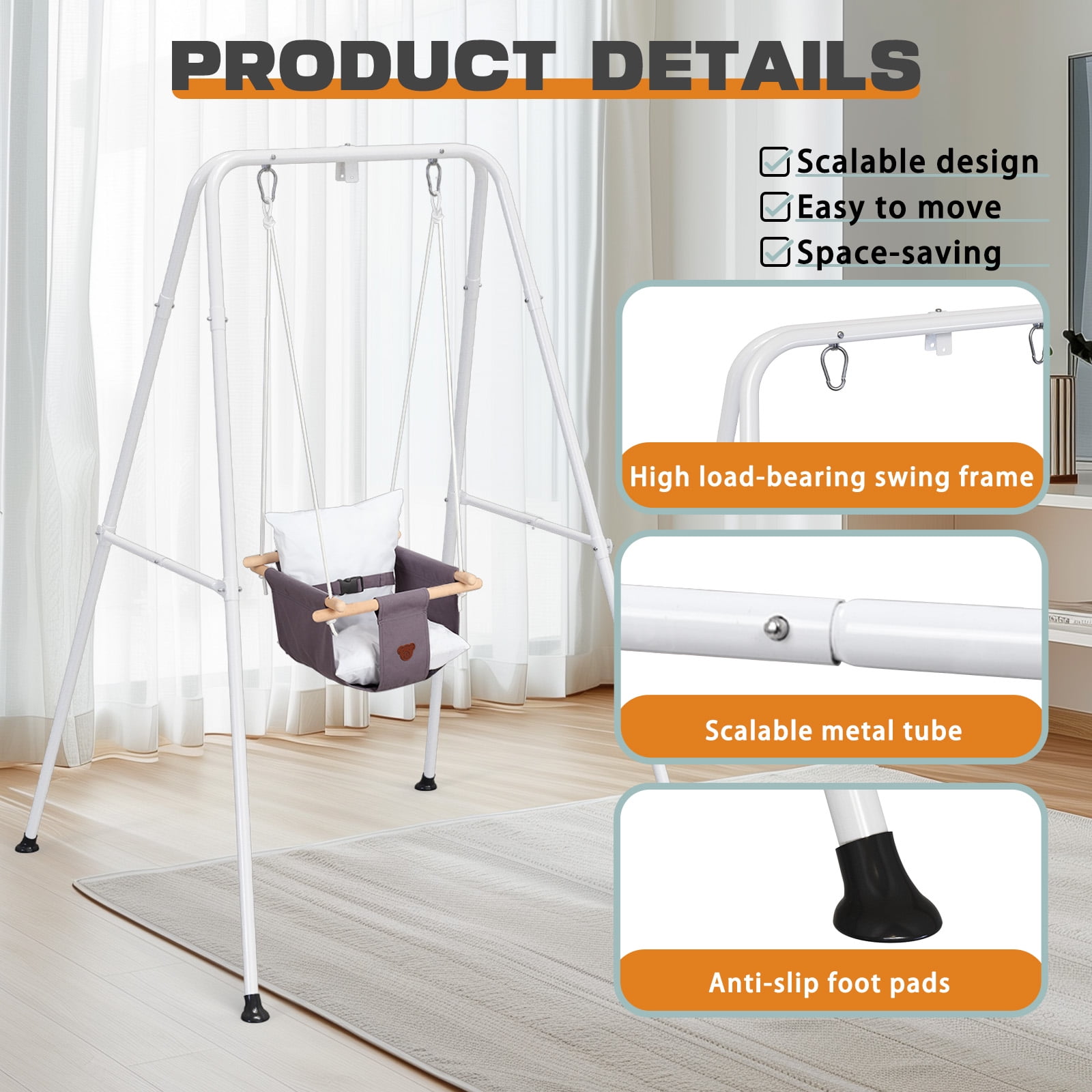 G TALECO GEAR Toddler Swing Set with Canvas Cushion Seat, Indoor and Outdoor Baby Playset (Gray, 1 Set) w4xor