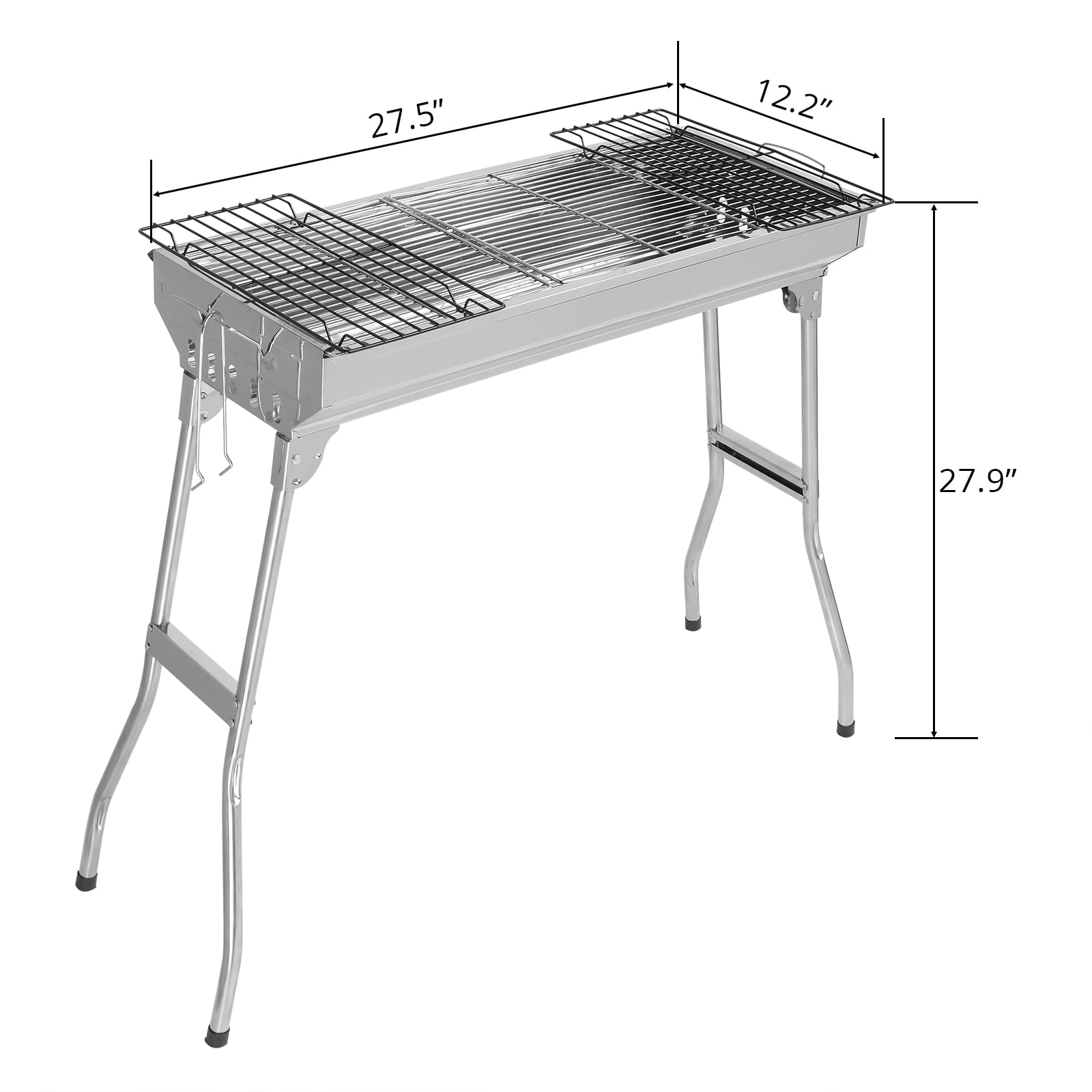 BAYUELSWU Portable Charcoal Grill Foldable Stainless Steel BBQ with Grill Pan and Grate (Silver, 27.95 in x 12.99 in x 27.56 in) p4tyh