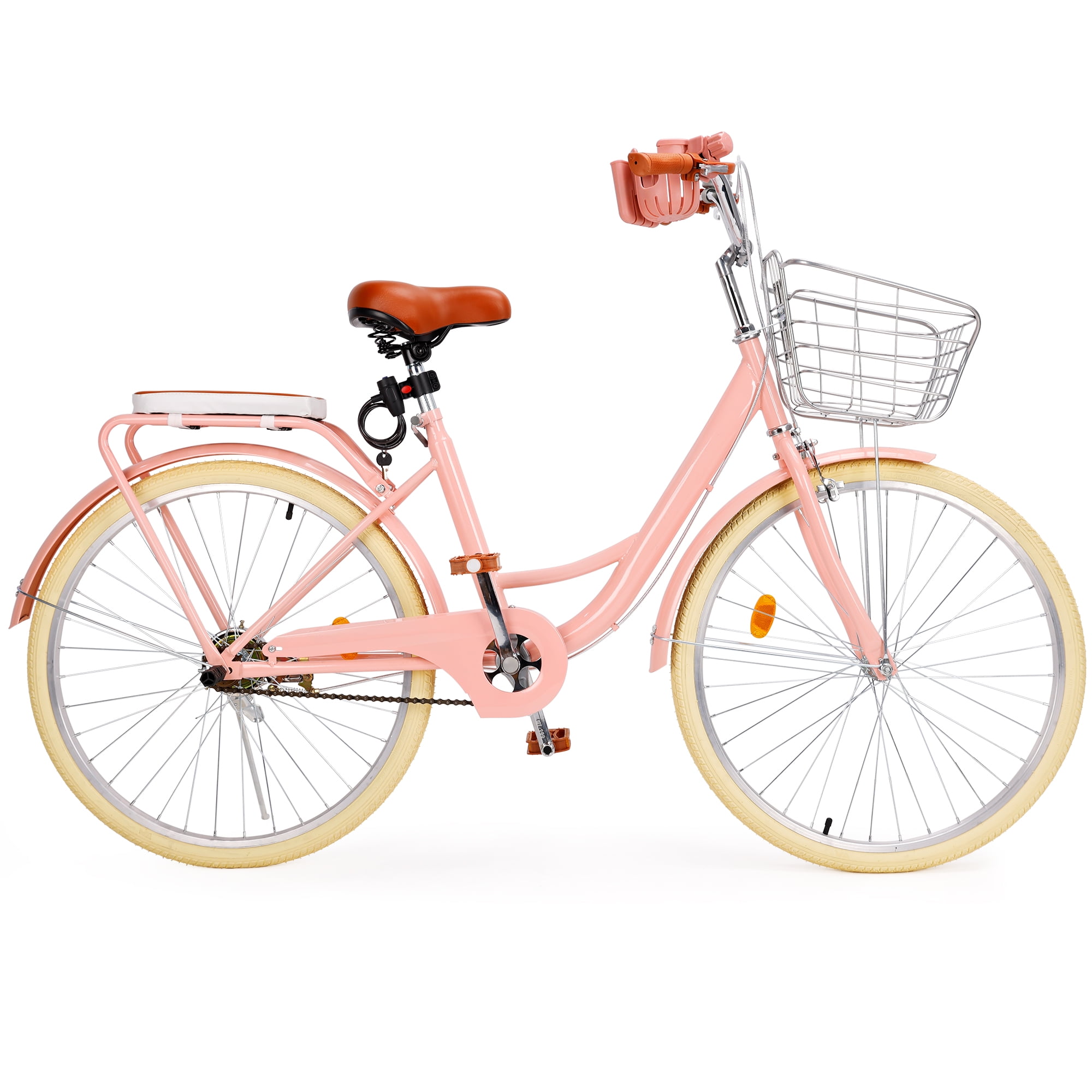 Bruce & Shark 26 inch Commuter Bicycle, City Cruiser Bike with Rear Rack and Basket (Pink) y9894