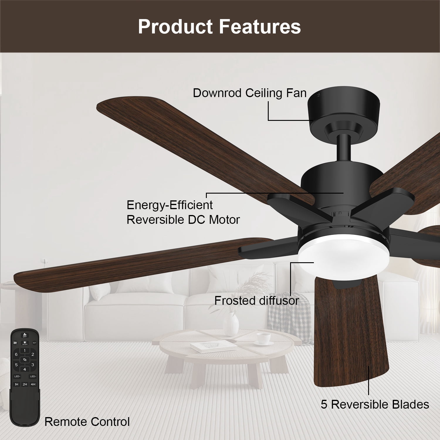Mainstays 52 in Ceiling Fan with LED Light and Remote Control (Black, 52 in) 9j74a - Image 8