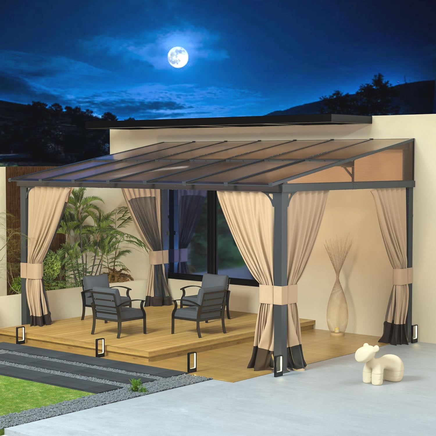 ALAULM Wall Mount Hardtop Gazebo with Curtains and Netting, Outdoor Patio Pergola (Sand, 10 ft x 14 ft) d3rk4
