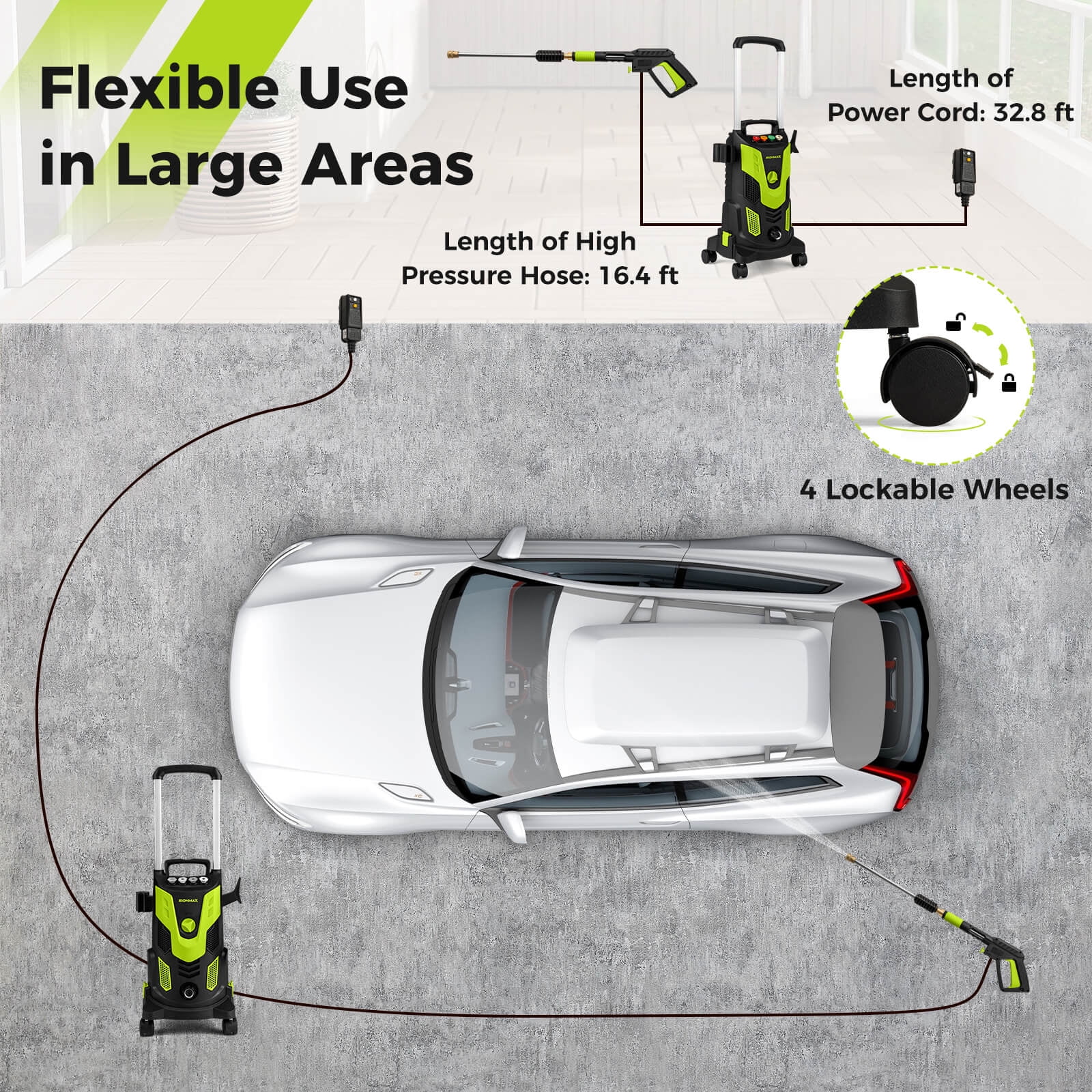 Costway Electric Pressure Washer with 4 Quick-Connect Nozzles and Lockable Wheels (Green, 2300 PSI) nhgyy