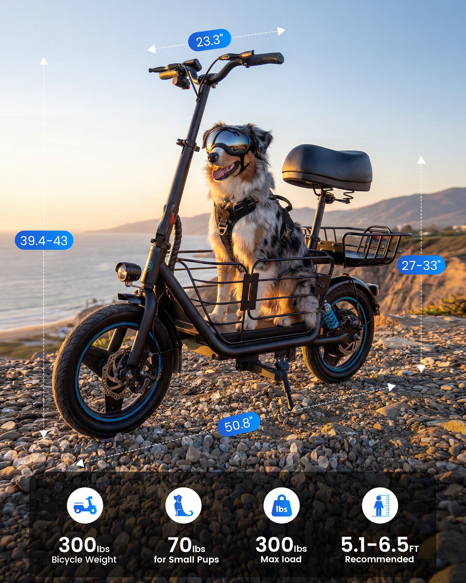 MIHOVER Electric Scooter for Adults and Pets with Seat and Pet Basket (Black, 300 lb) k6a9e