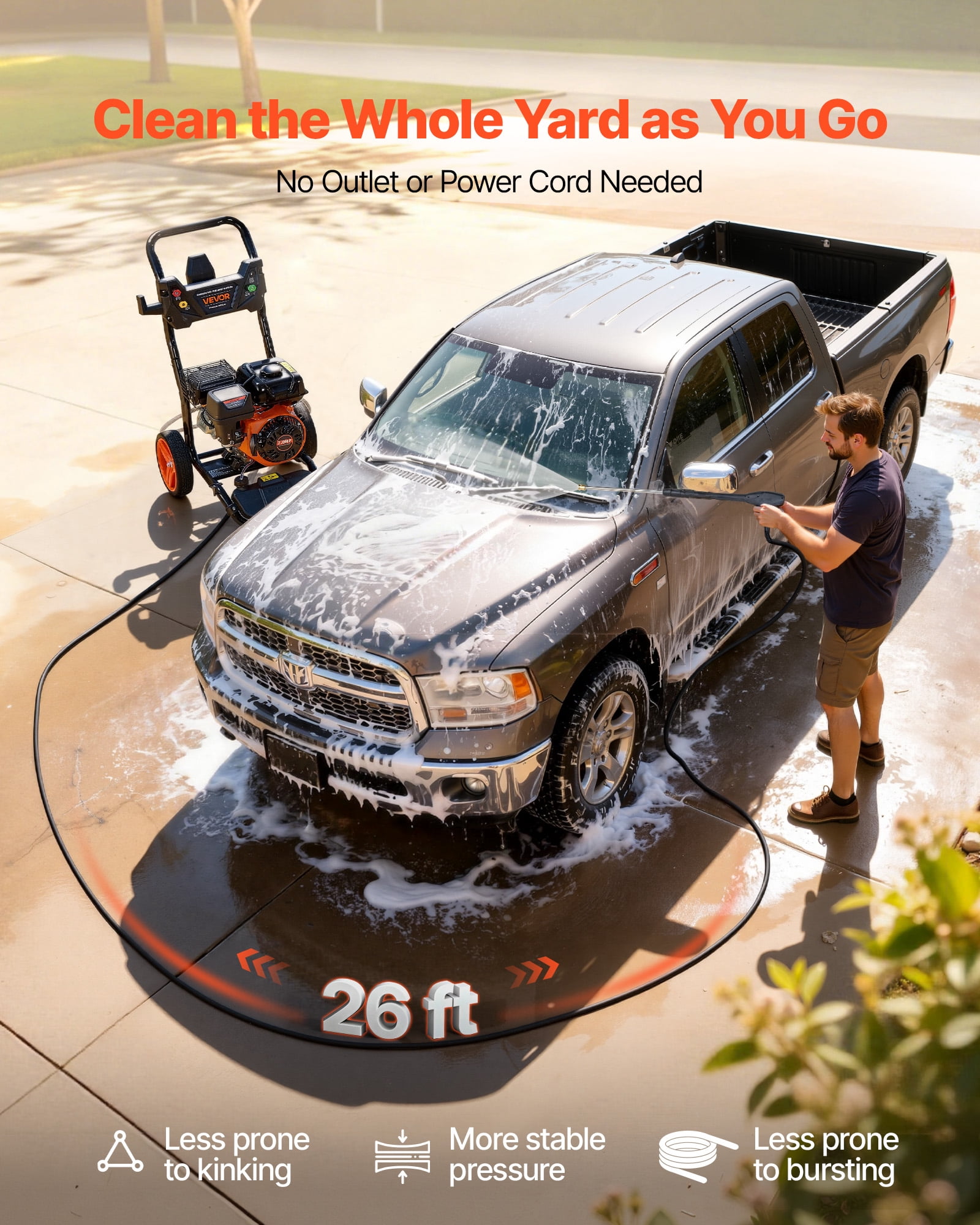 VEVOR Gas Pressure Washer 3600 PSI 2.6 GPM High-Pressure Cleaner with 5 Nozzles and 26 ft Hose (3600 PSI, 26 ft) tusnz