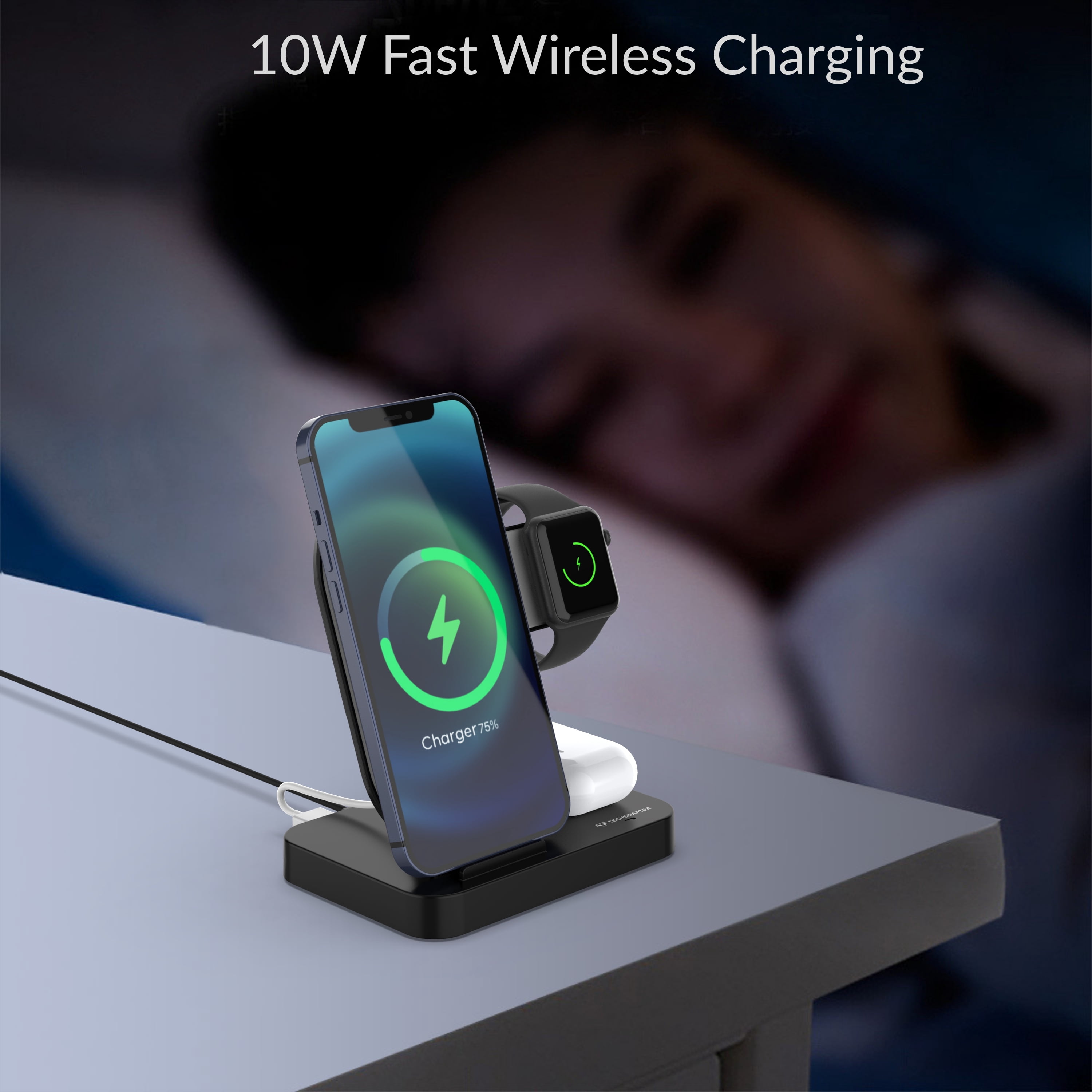 Techsmarter 3-in-1 Fast Qi Wireless Charging Station Dock for iPhone AirPods and Apple Watch (Black, 1 Pack) onquo