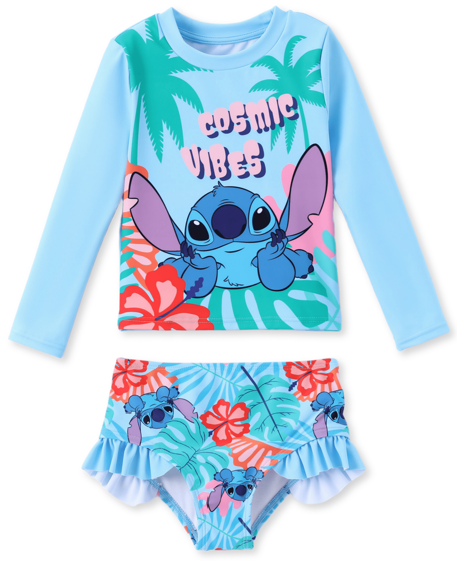Disney Stitch Girls Swimsuit 2-Piece Rash Guard Set (Blue, Size 3-13) j0tfl