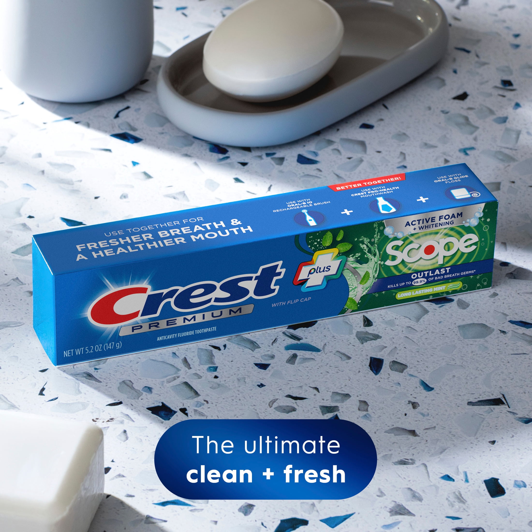 Crest Premium Plus Scope Outlast Fluoride Toothpaste, Mint, Cavity Protection & Whitening (3 Pack, 5.2 oz) lth6g