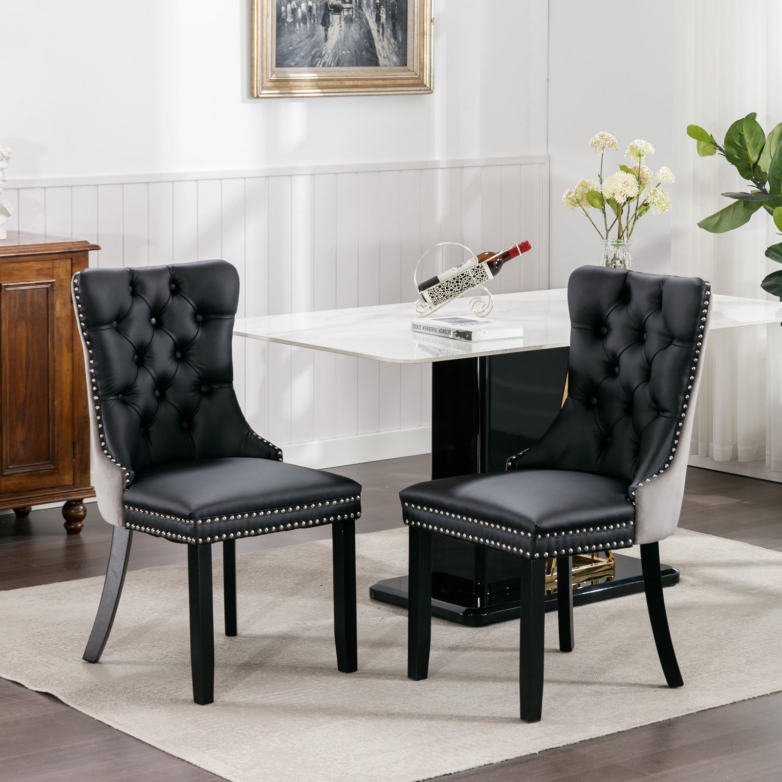 LegaHome Modern Upholstered Dining Chairs with Nailhead Trim and Solid Wood Legs (Gray and Black, Set of 4) veuq9