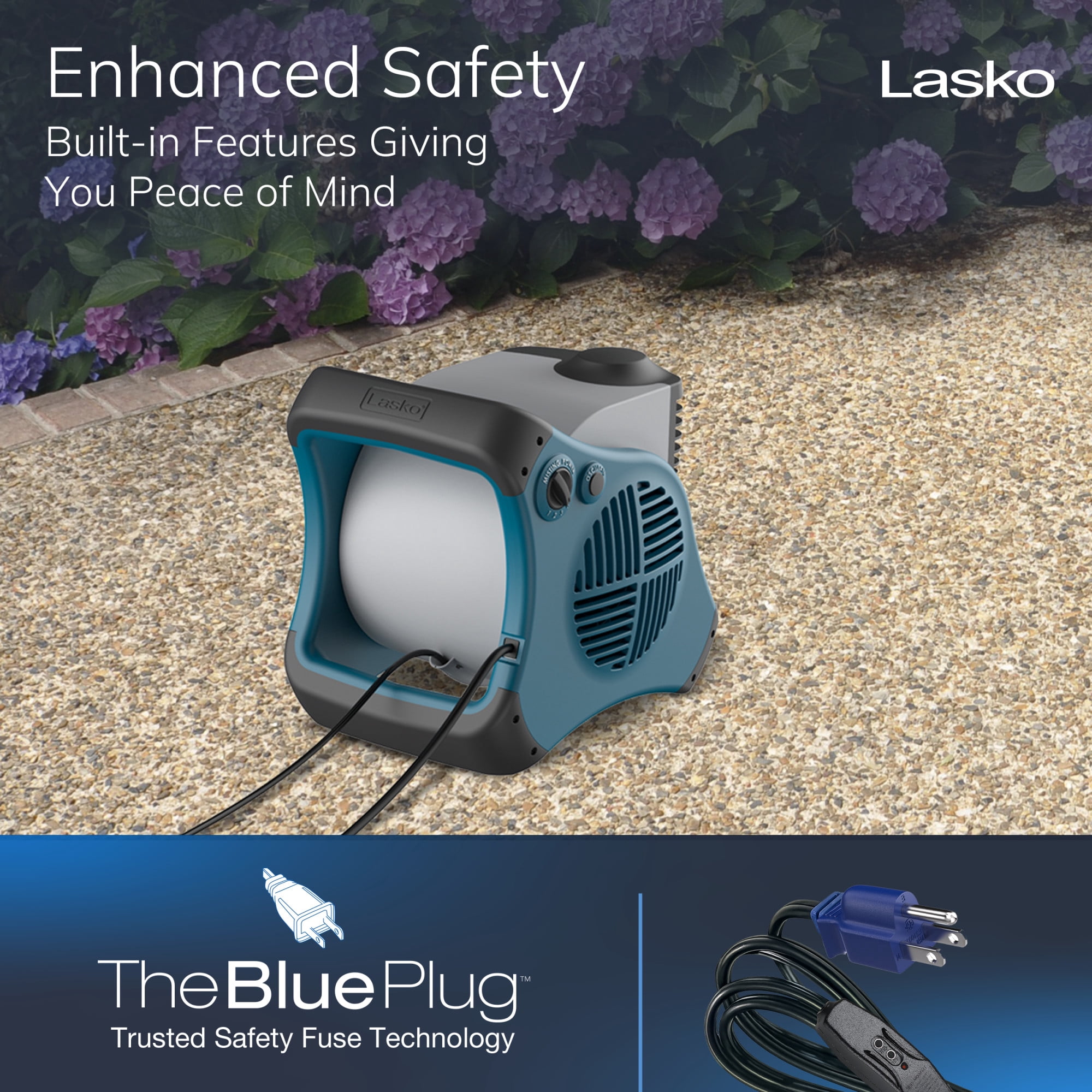 Lasko Misto Outdoor Misting Fan, Pivoting Patio Cooling Fan with 3 Speeds and GFCI Safety Cord (Blue, 15 in) uhryb