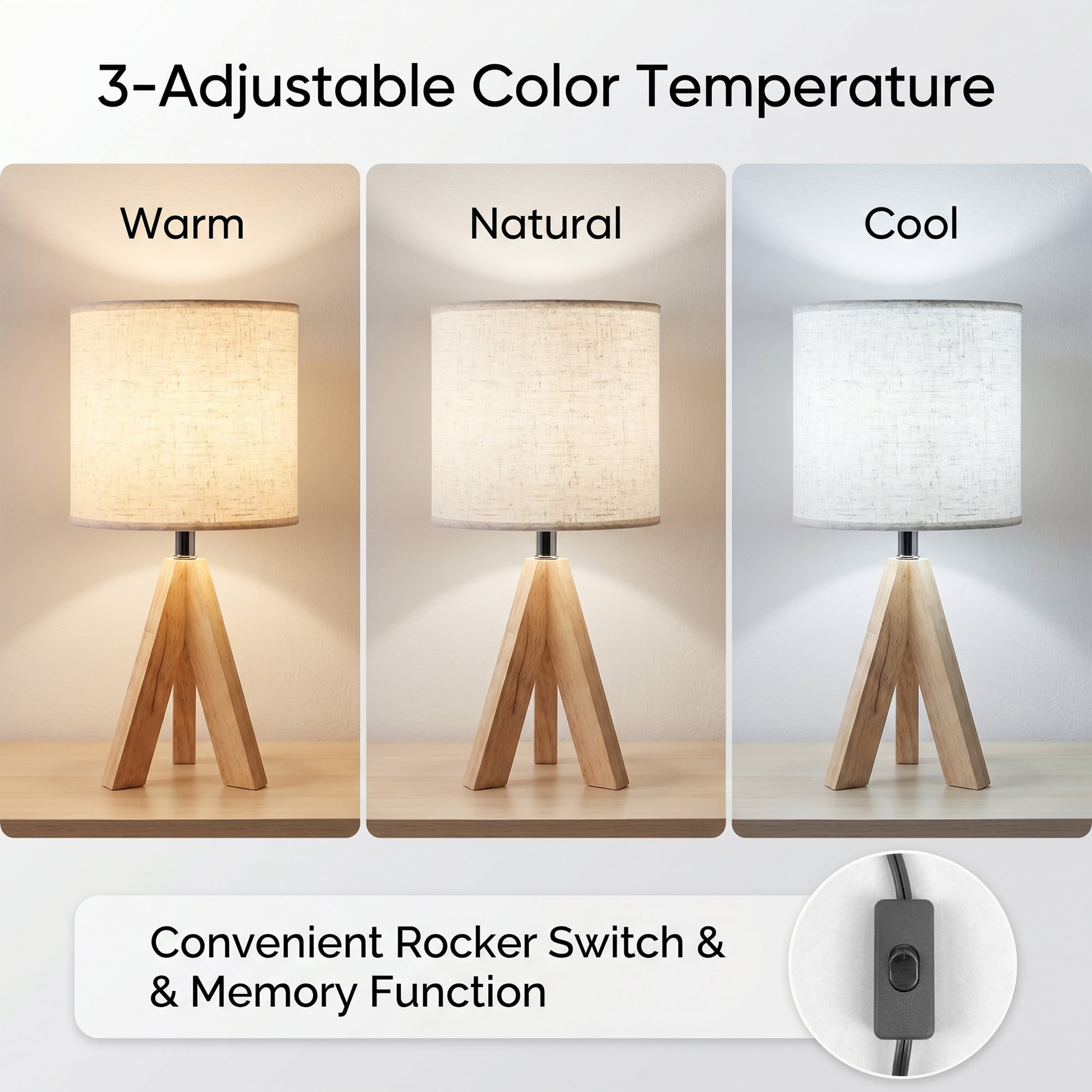 DAYBETTER Modern Wooden Tripod Table Lamp with 3 Color Temperatures (Light Brown, 15 in) pg1gx
