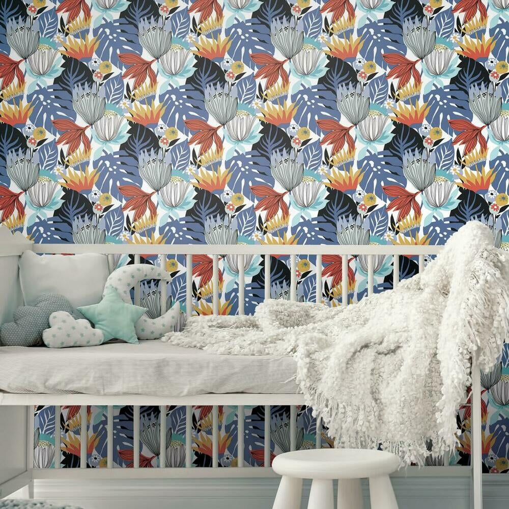 RoomMates Retro Tropical Leaves Peel and Stick Wallpaper (Pink, 20.5 in x 16.5 ft) jncuq
