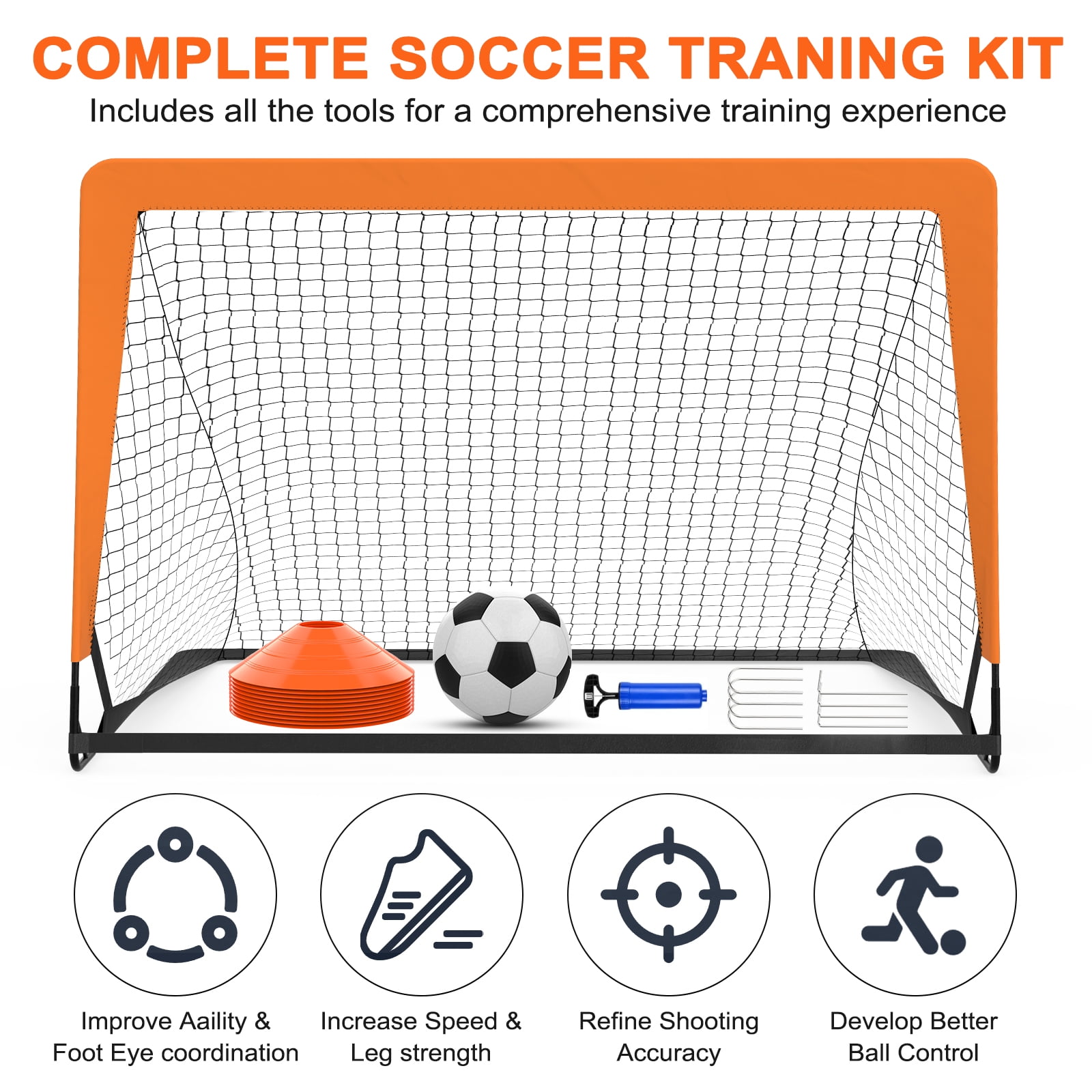 Cshidworld Kids Soccer Goal Set, Portable Backyard Training Equipment with Soccer Ball and 10 Cones (Orange, 4 ft x 3 ft) z8wtl