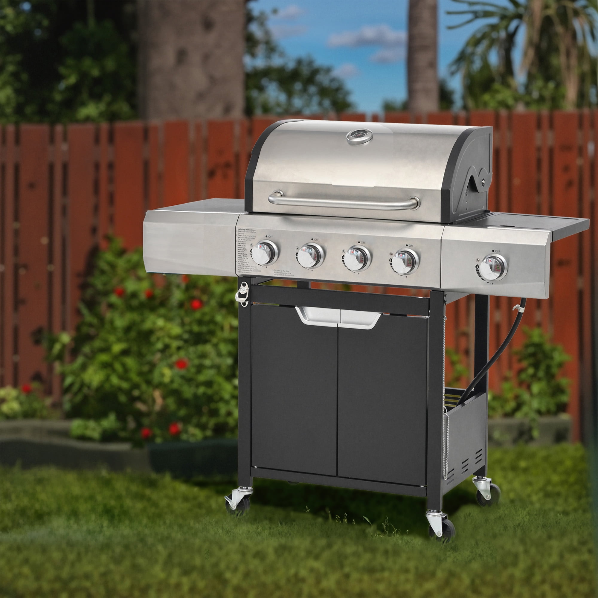 Aminy 4-Burner Propane Gas Grill with Side Burner, Stainless Steel Outdoor BBQ Grill with Lid and Wheels (Silver, 46790 BTU) 15j24