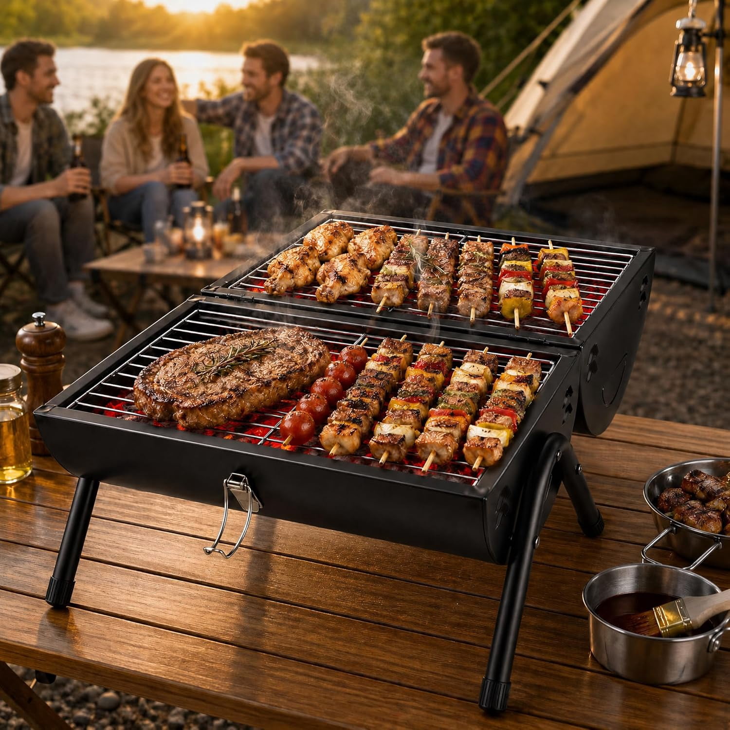 YOOKIA Portable Charcoal Grill, Foldable Outdoor BBQ for Camping and Tailgating (Black, 14 in x 10 in) gqx7s