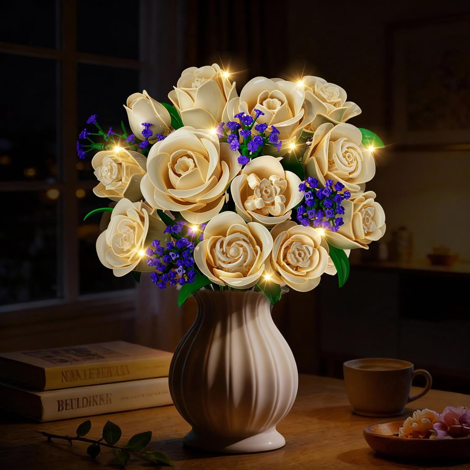 TERRAMUS White Rose Bouquet Building Set with LED Light, Floral Construction Blocks for Home Decor (White, 523 Pieces) o6jjt